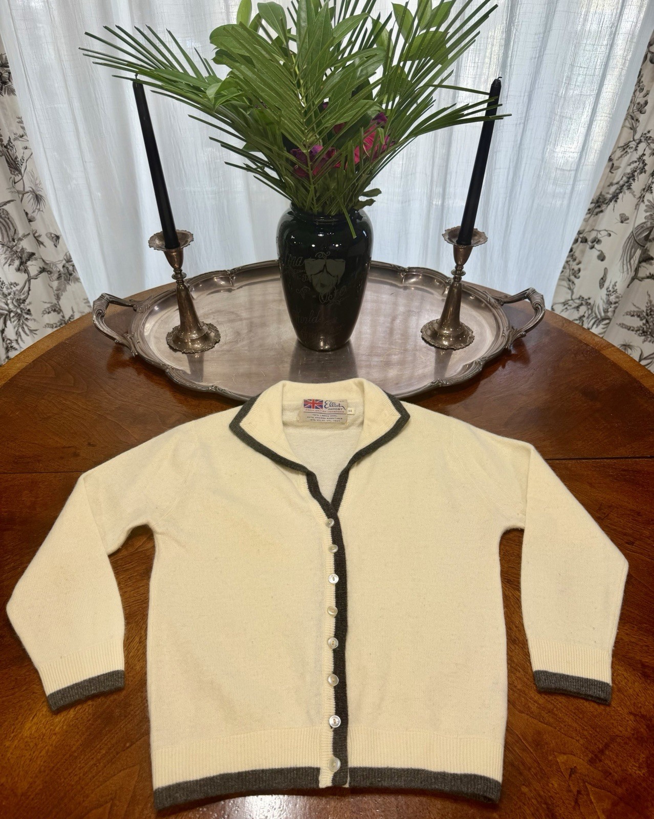 Vintage 1970s Women’s Cream & Charcoal Trim Wool & Angora Sweater