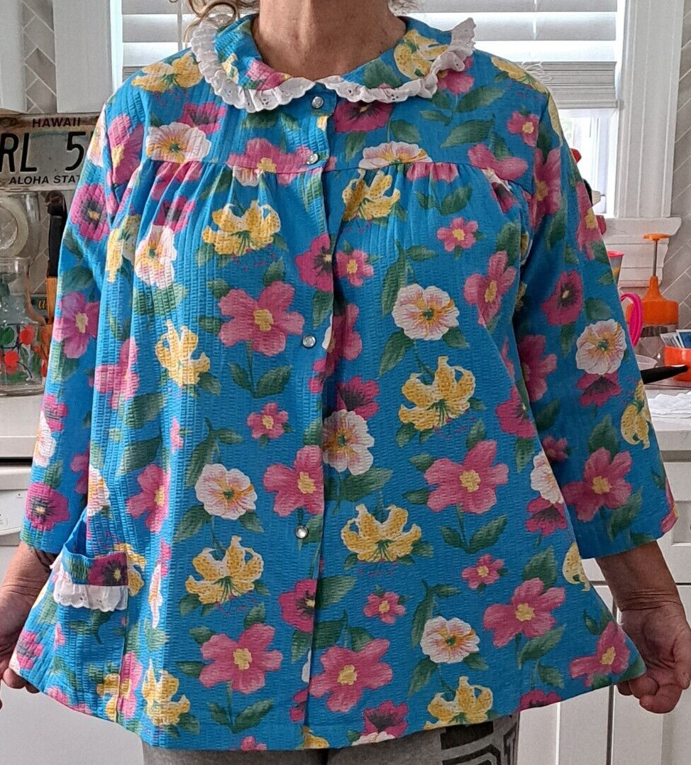 60s Pink Blue MOD Flower Top Snap Buttons Lace Peter Pan Collar USA L