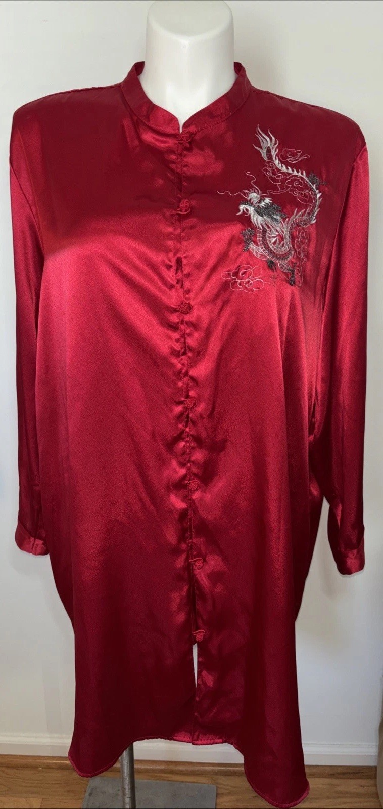 Vintage Inner Most Red Satin Dragon Embroidered Nightgown Nightshirt 2X