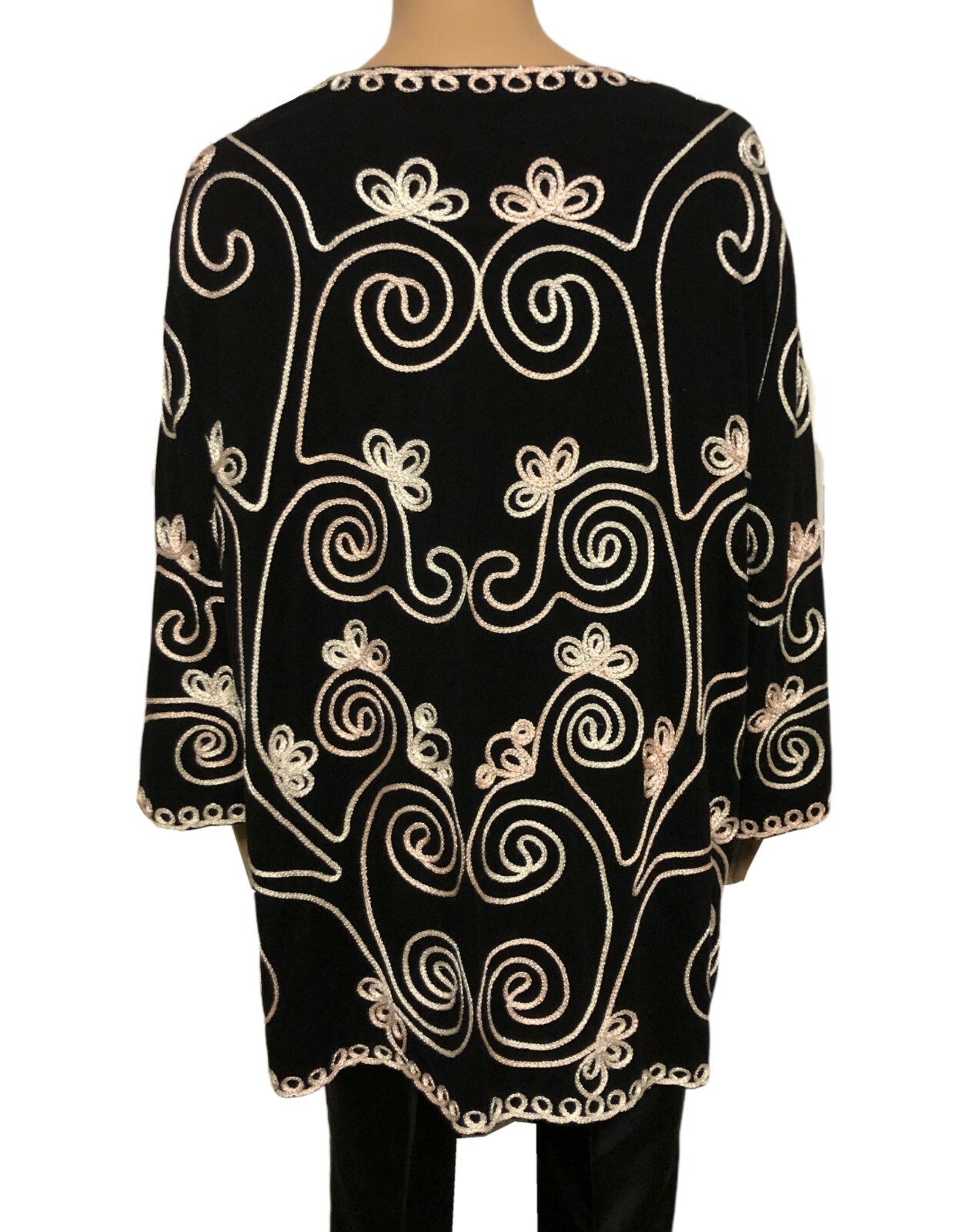 vtg MAGGIE BARNES Soutache Tunic Top 2X Black Stretch Knit Party/Cocktail