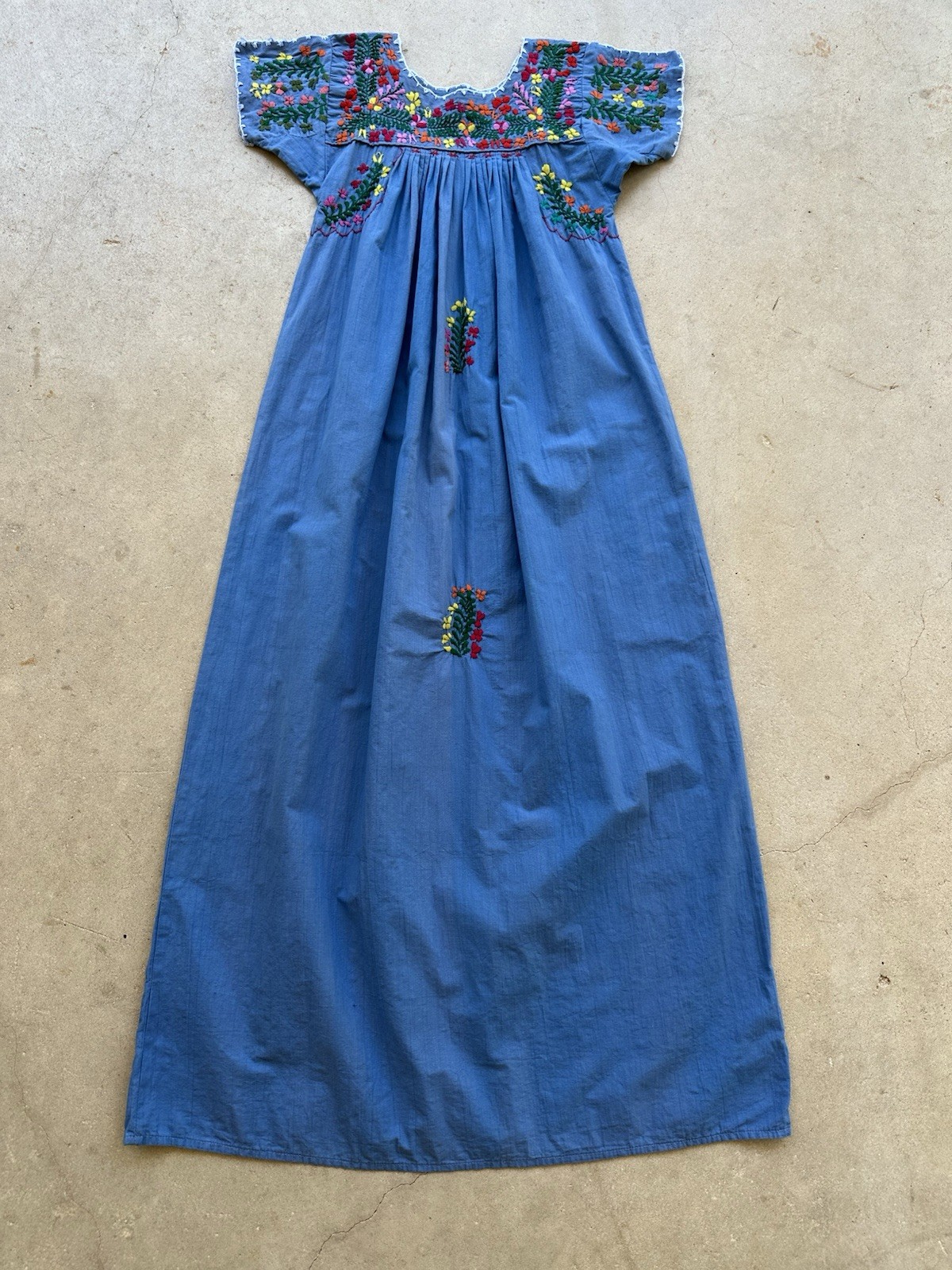 1970s Blue Cotton Oaxacan Mexican Huipil Dress Embroidered Floral Maxi Sz S VTG