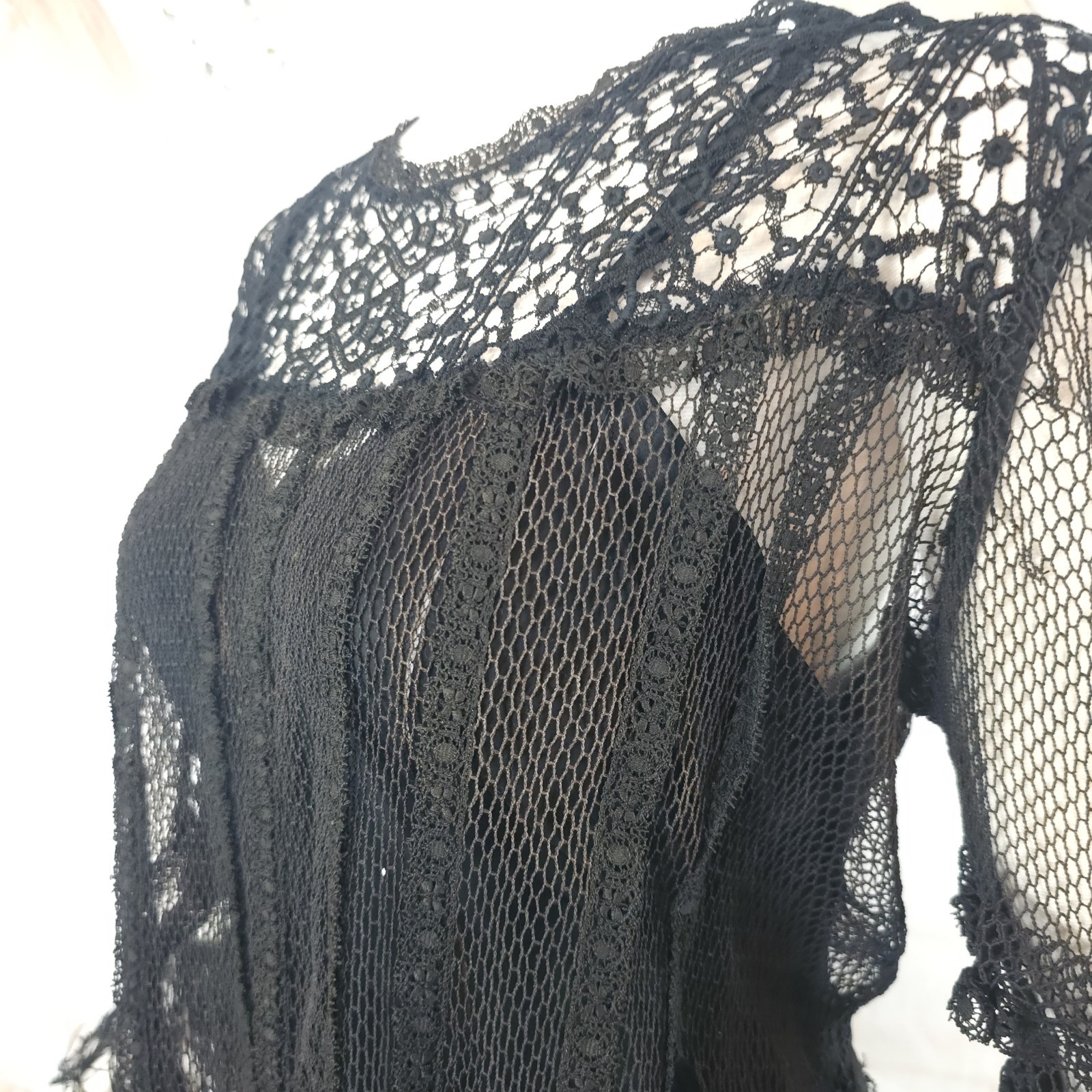Black Crochet Lace Blouse Fringe Tassels Antique Victorian Edwardian Top Shirt