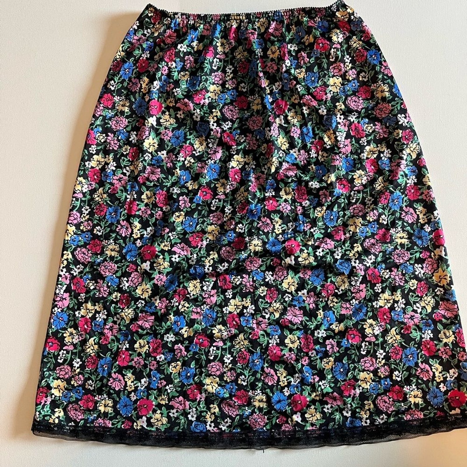 UnBranded Vintage Floral Black Lace Trim Skirt Elastic Waist 80&rsquo;s