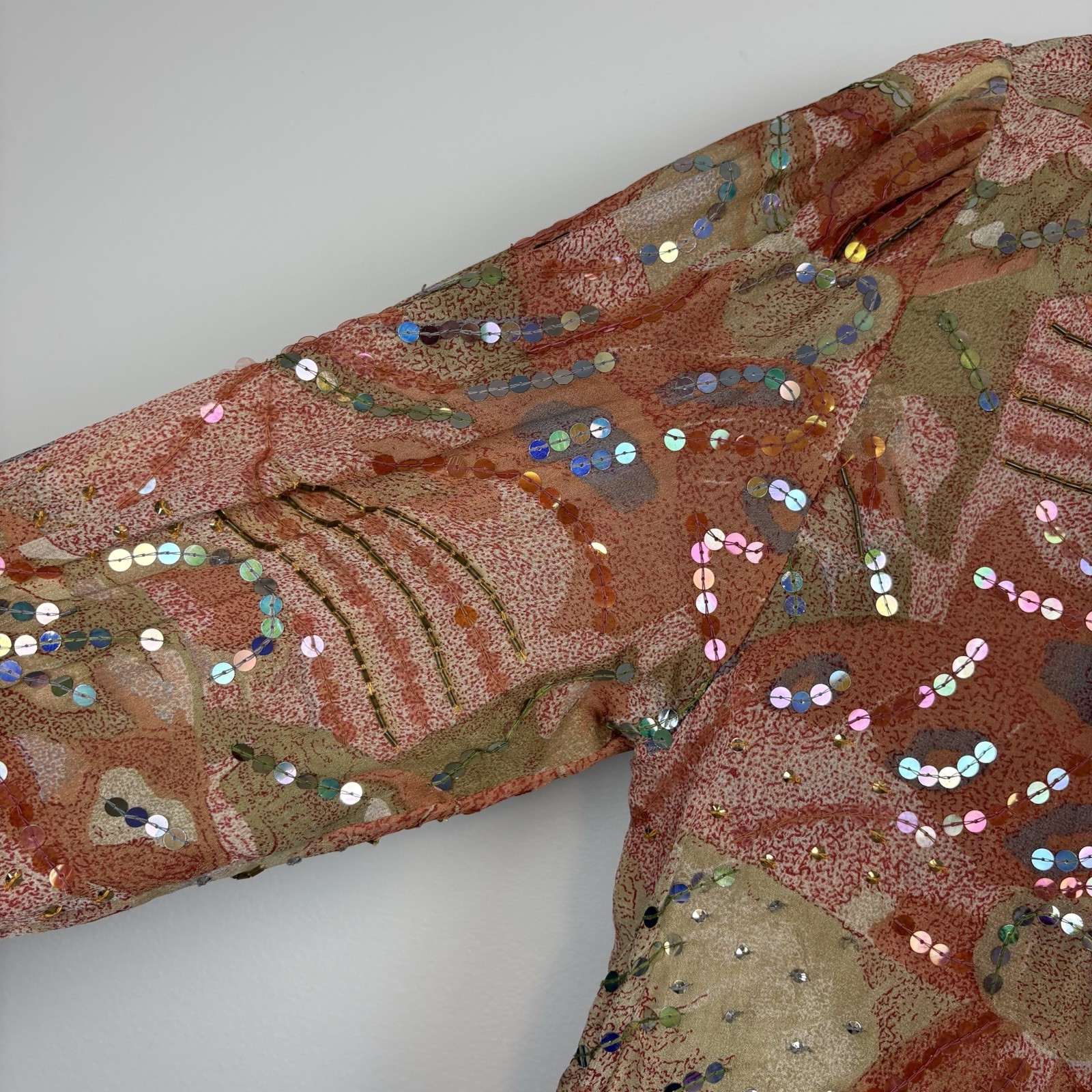 Vtg Judith Ann Creations Sequin 100% Abstract Silk India Long Sleeve Dress