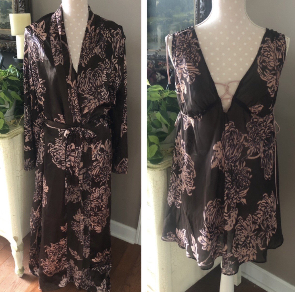 VTG 80s Gilligan & O’Malley Nylon Nightgown & Robe Peignoir Set Brown Pink L/XL