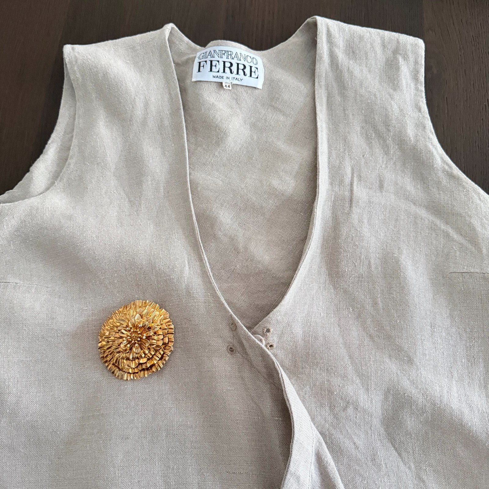 GIANFRANCO FERRE beige asymmetrical flared sleeveless linen dress size 44