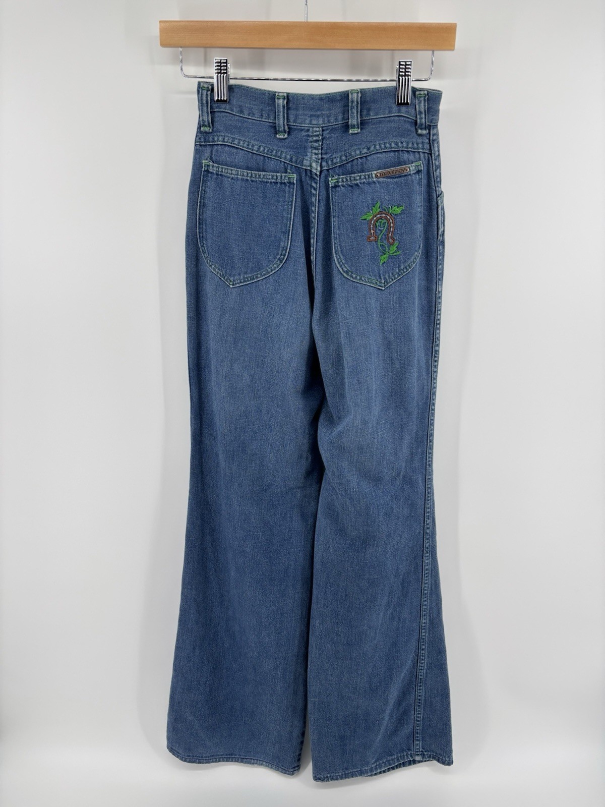 Vintage Maverick Jeans 24×31.5 Flared High Rise Rare Embroidered Pocket Hippy