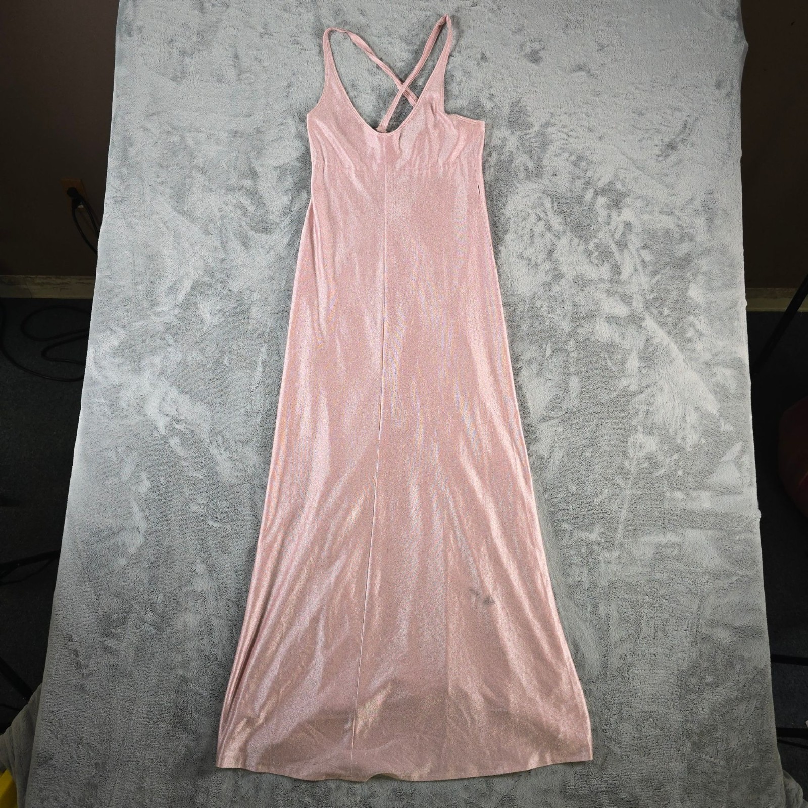 Vintage 1970s Shimmery Rose Gold Crisscross Strap Disco Maxi Dress (XXS) *Flaws
