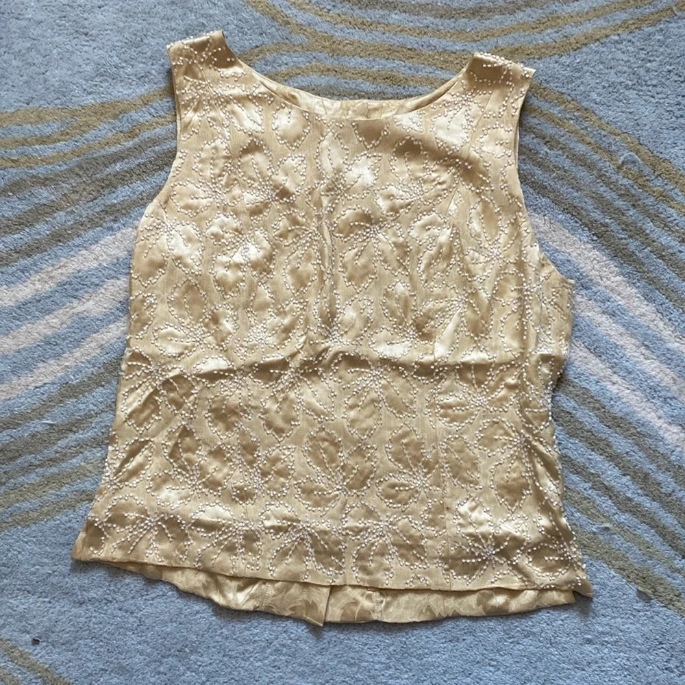 Vintage Banana Republic Yellow Gold Beaded Silk Blouse Covered Button Small