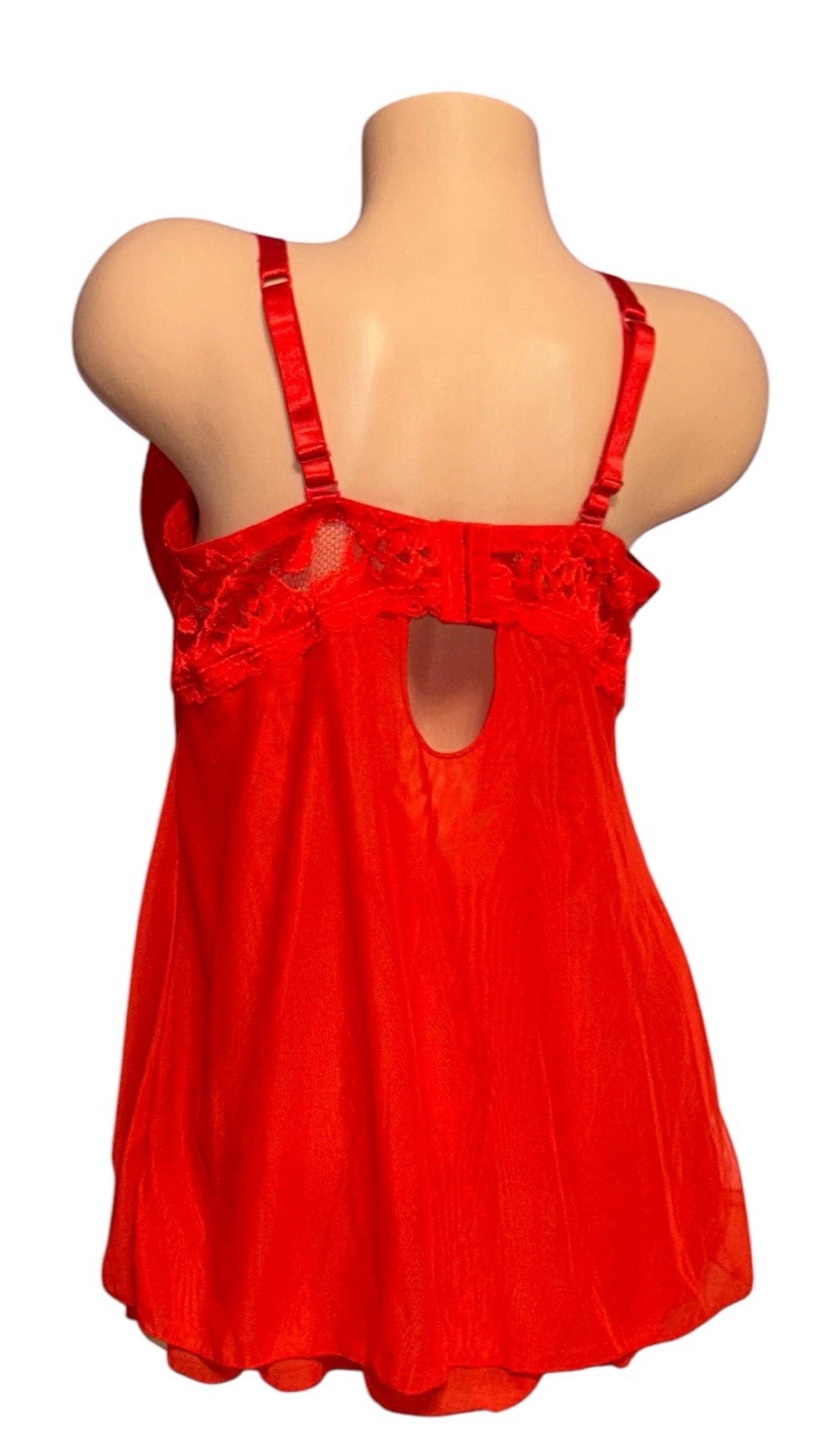 2 PC Rene Rofe Red Shiny Silky Sheer Lace Trim Nightie & Thong Panties 2X/3X NOS