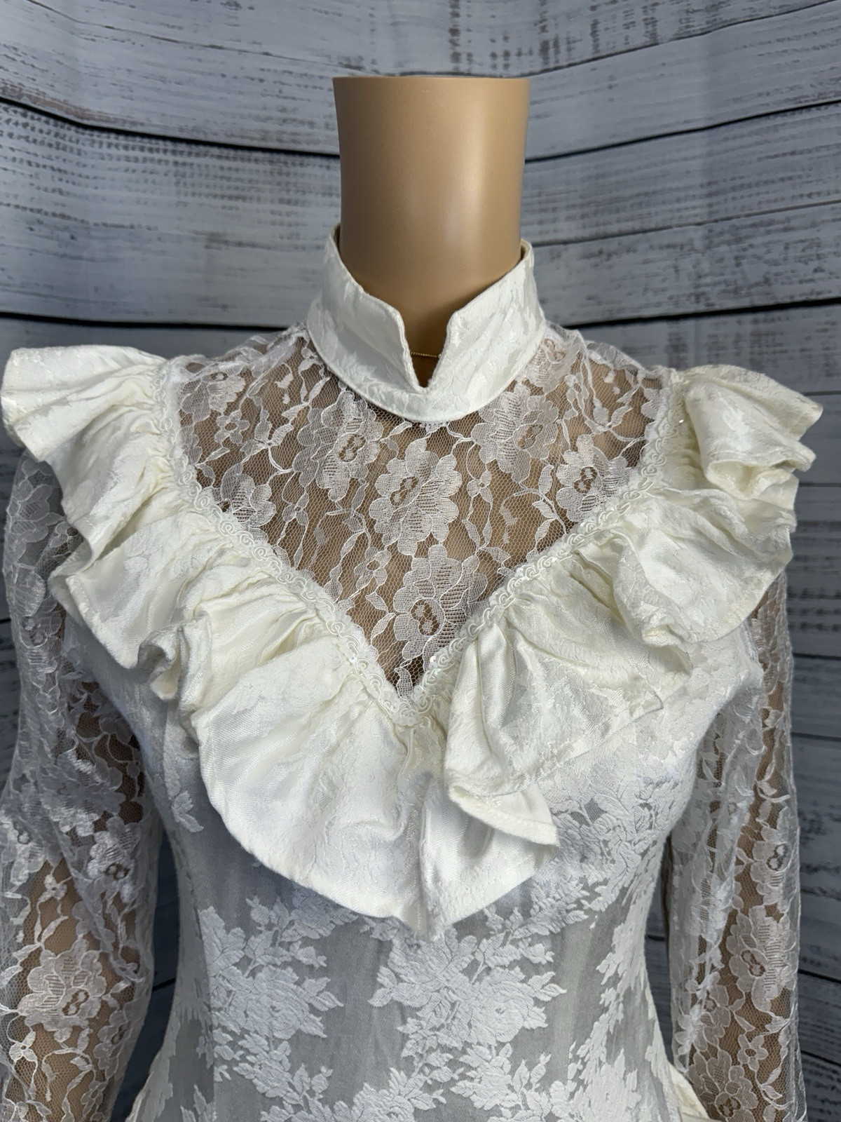 VTG 80s Roper Rustic Ivory Lace Jacquard Prairie Victorian Dress Womens 5/6 USA