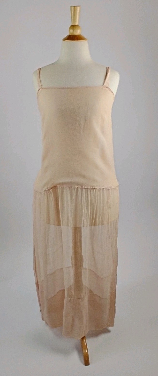 Antique 1920s Ivory Silk Chiffon Drop Waist Dress Sheer Lingerie Summer Gown
