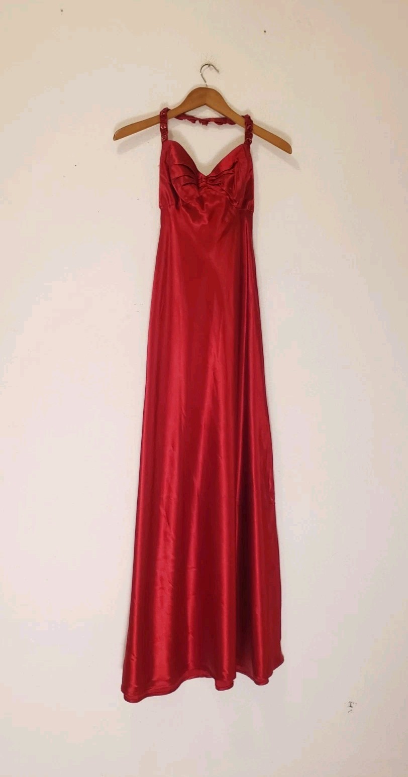 Vtg 90s Y2k S Red Satin 30s 40s Glam Maxi Halter Gown Dress Prom Hollywood