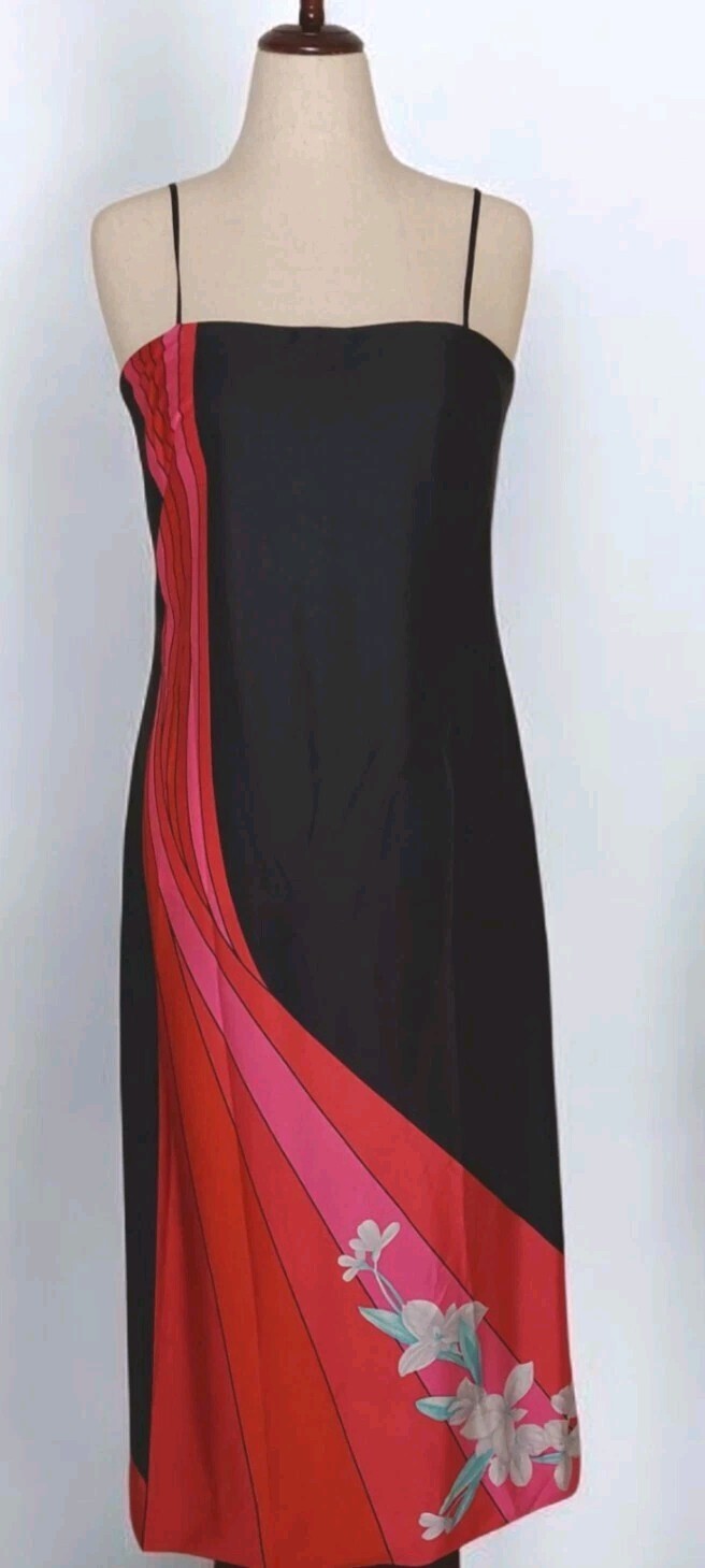 VTG 70&rsquo;s Malama Sophisticates Hawaii Maxi Spaghetti Strap Dress Sz 14 Black/Red