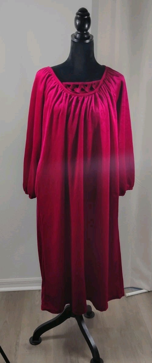 VTG 70s Gloria Moret Holly Velvet Lounger Dress Kaftan Pocket Burgundy Maxi L