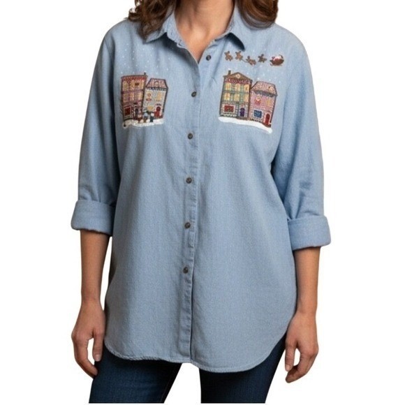 VTG 100% Cotton Holiday Embroidered Denim Button-Up Top Santa Sleigh Blue 3X
