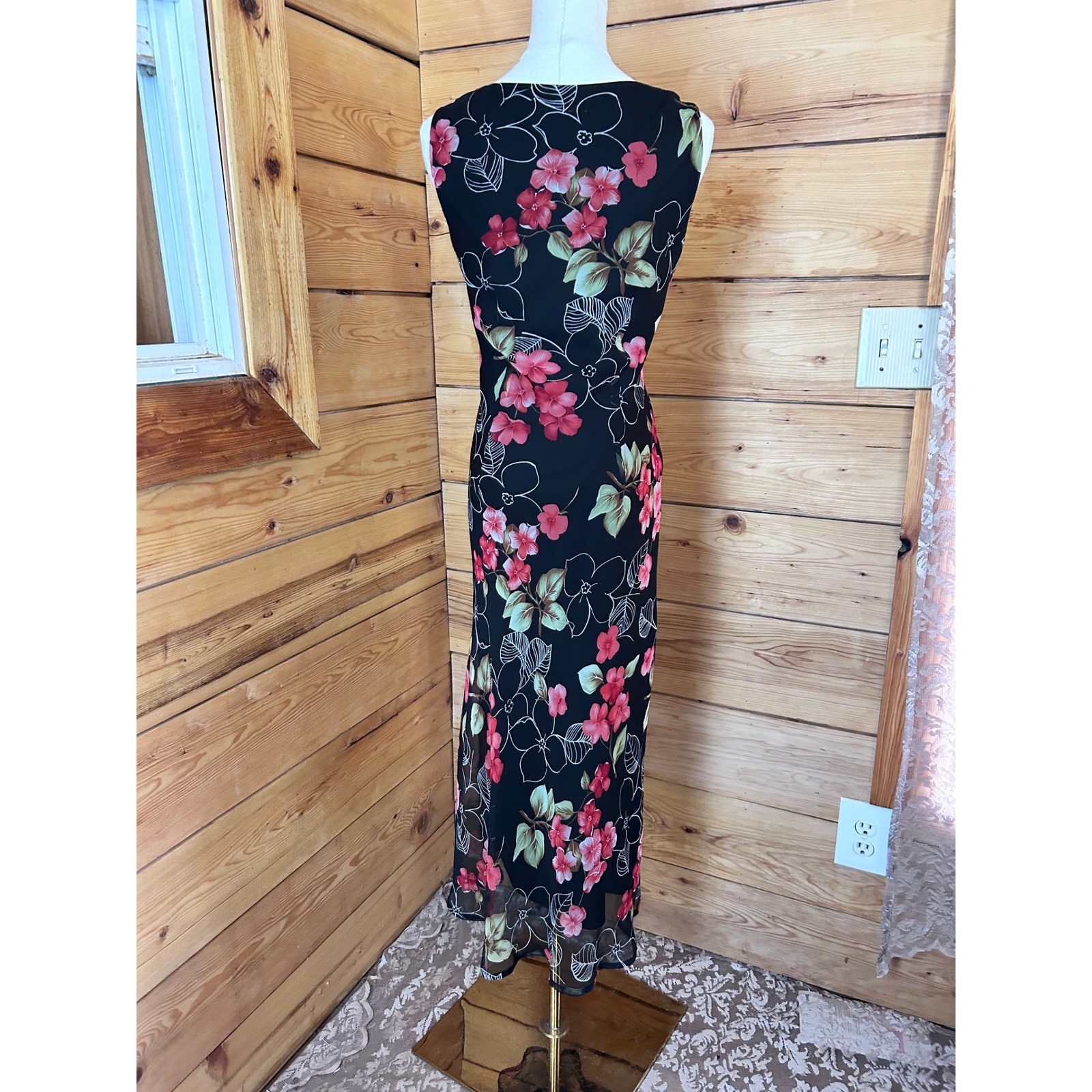 Vintage Slip Dress Womens 8 Petite Black Floral Mesh Whimsigoth Maxi Miss Dorby