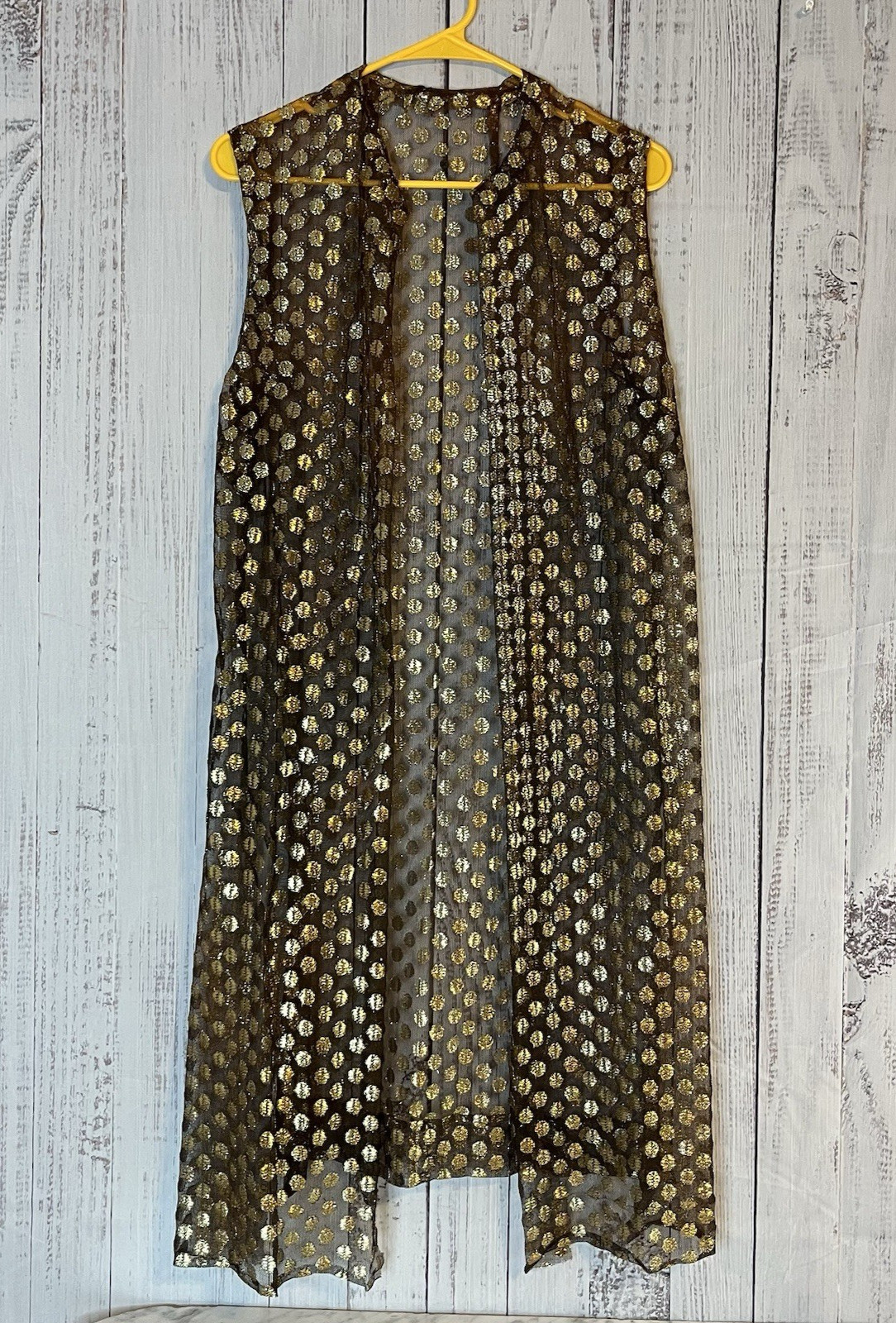Vintage Sheer Duster Size M Brown Metallic Gold Polka dot Sleeveless Lightweight