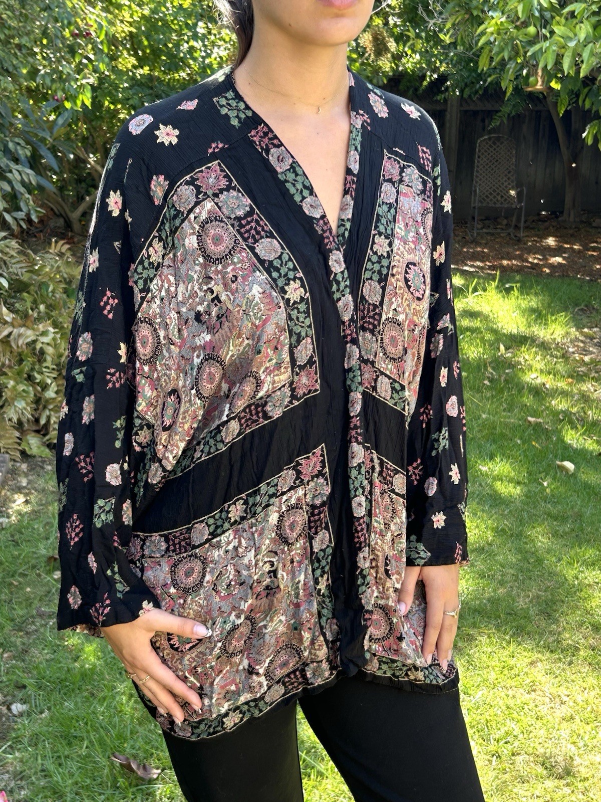 Platinum By Dorothy Schoelen O/S Boho Open Front Jacket Floral Art To Wear