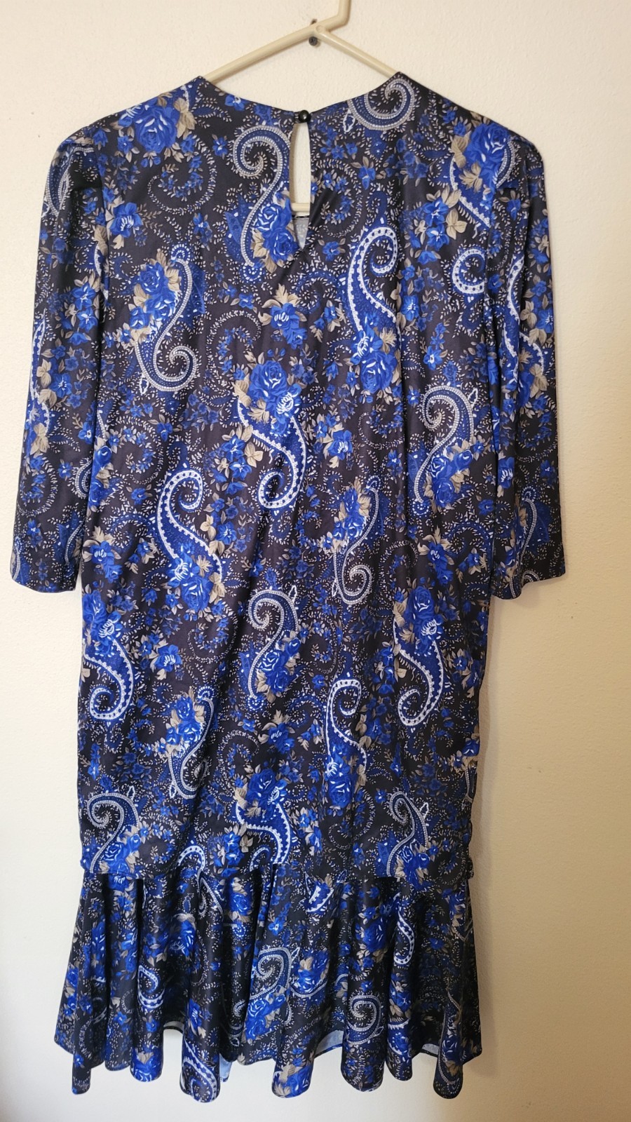 Vintage Risa Ann NY Blue Paisley Pleated Party Dress 14.5 Key Hole Back 80s 90s