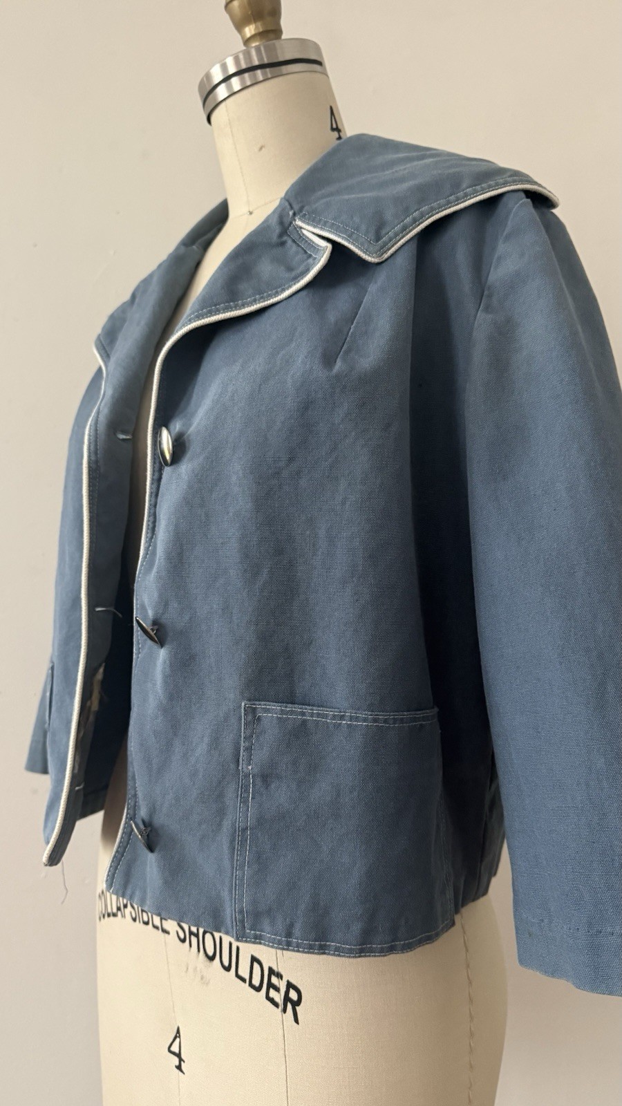 1950s Sailor Collar Cropped Jacket Dusty Blue Rayon Faille Nautical Sportswear