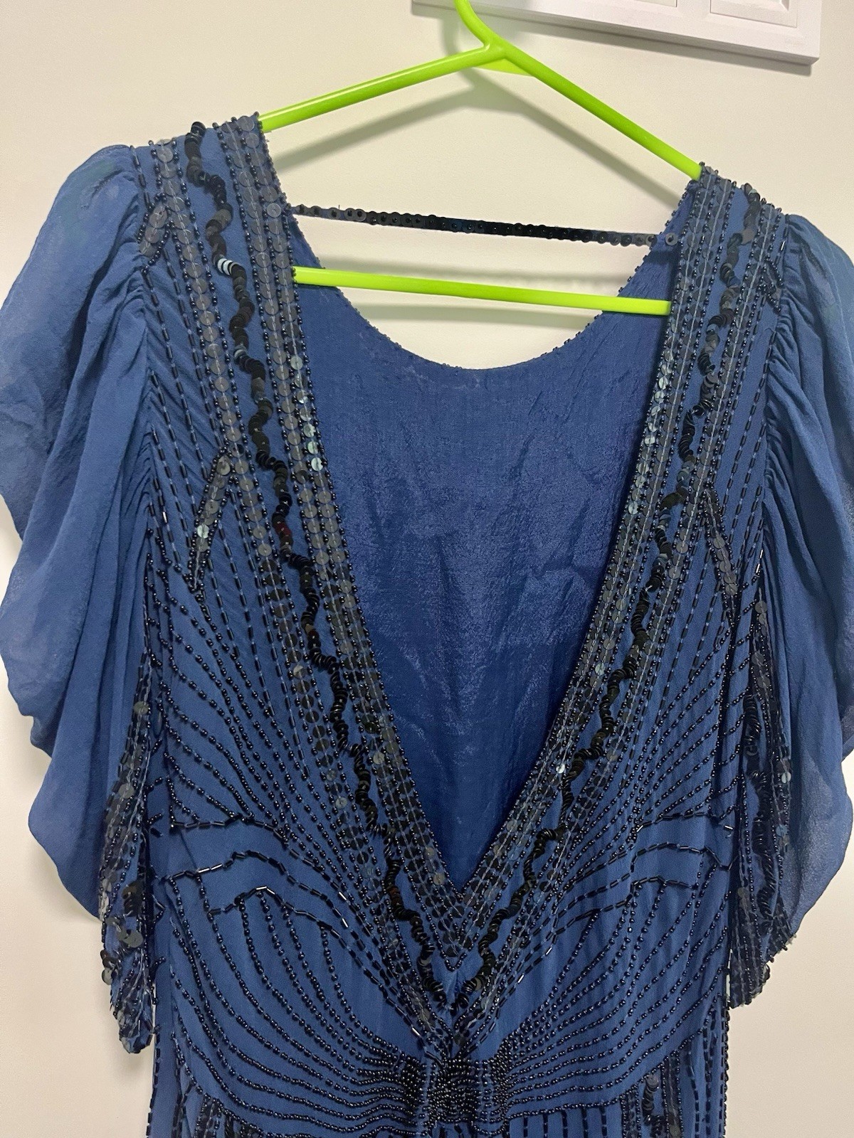 Vintage 1920s Style Silk Flapper Dress Beaded Sequin Gatsby Party Blue XS UK 8