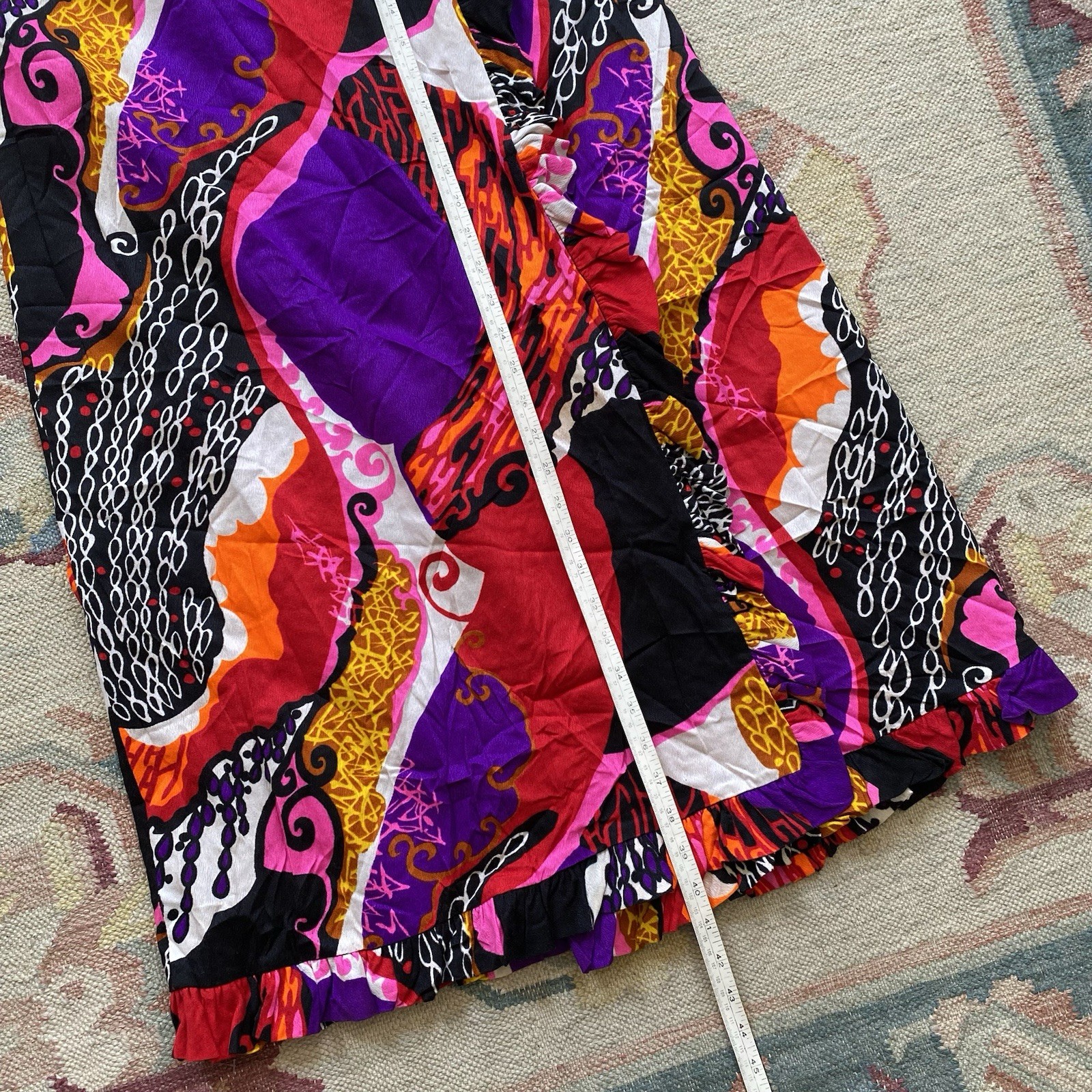 Vintage 70s Barkcloth Maxi Wrap Skirt Pink Purple Psychedelic 26 Waist Ruffle