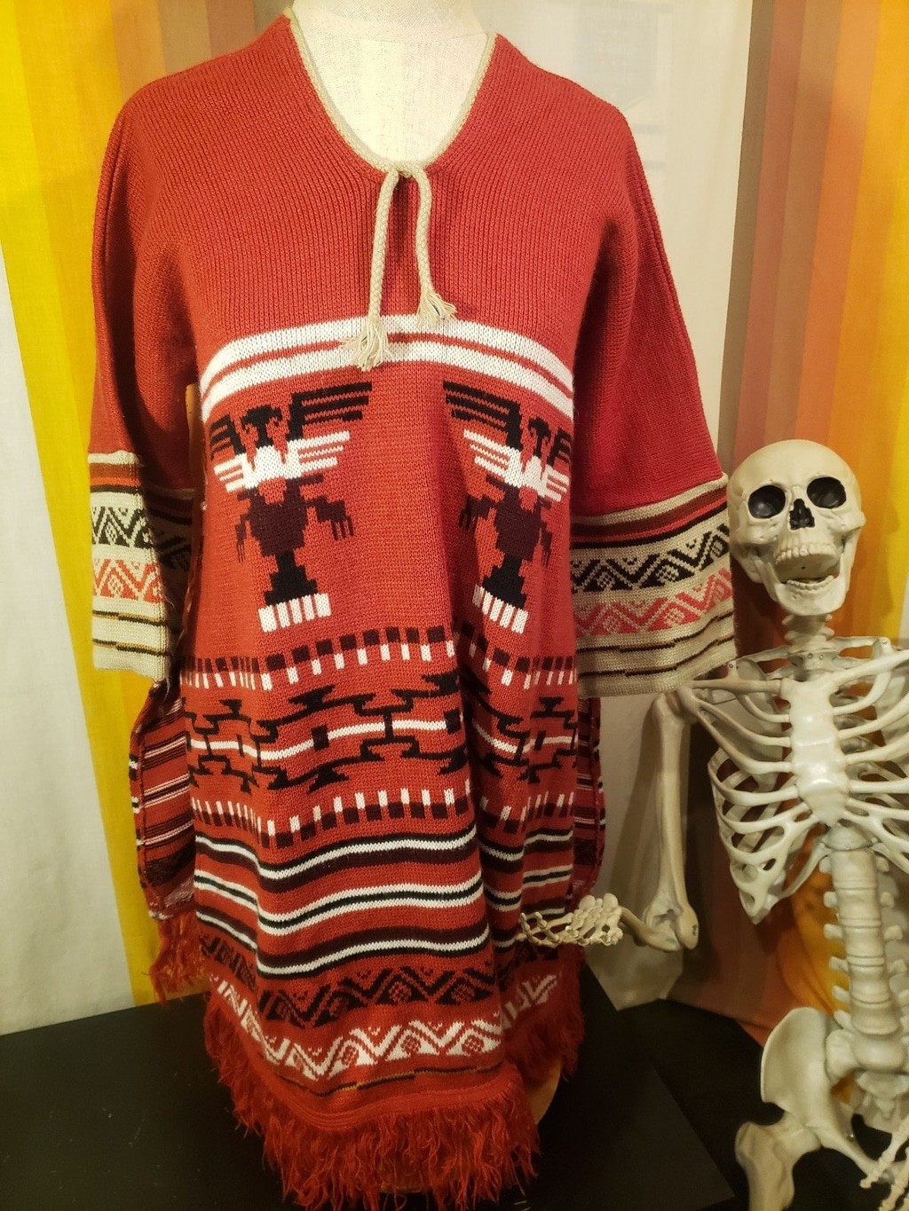 Vintage 1970s Rust Orange White Black Knit Poncho Bell Sleeve Top Sweater
