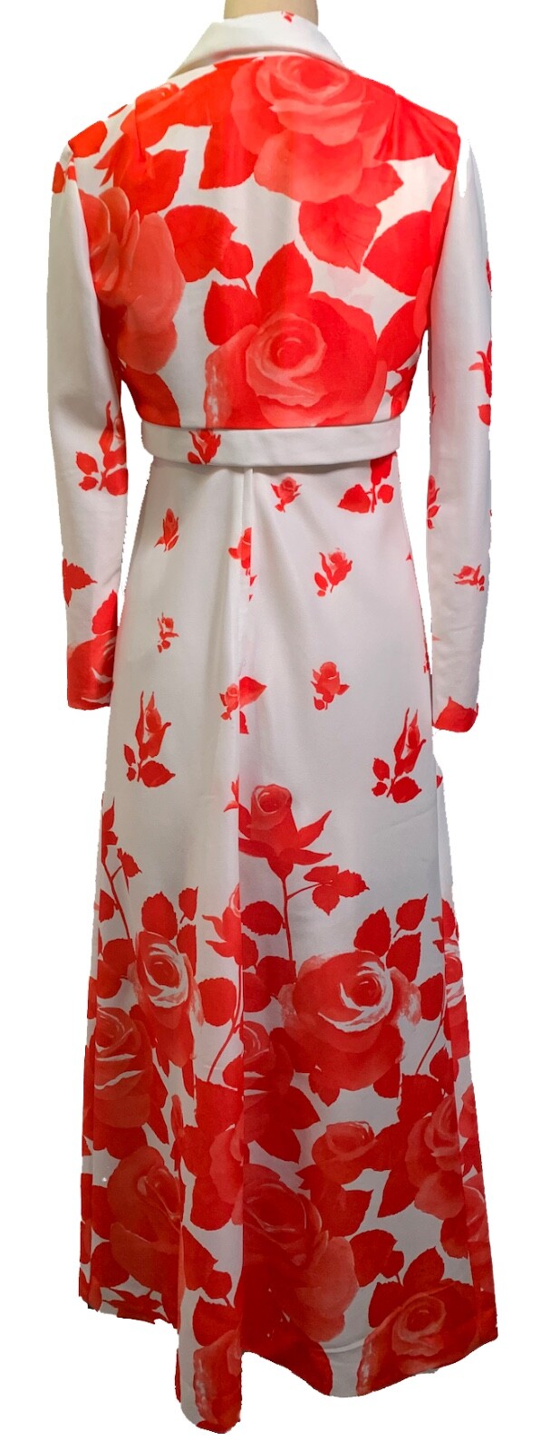 Vintage Pop Art White Polyester Gown with Red Roses – 2-Piece Ensemble – Sz S