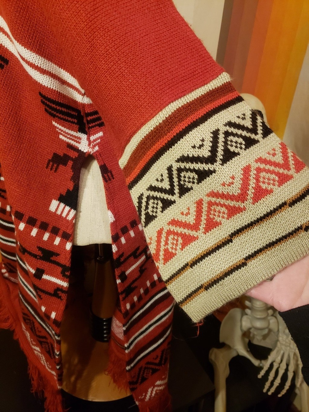 Vintage 1970s Rust Orange White Black Knit Poncho Bell Sleeve Top Sweater