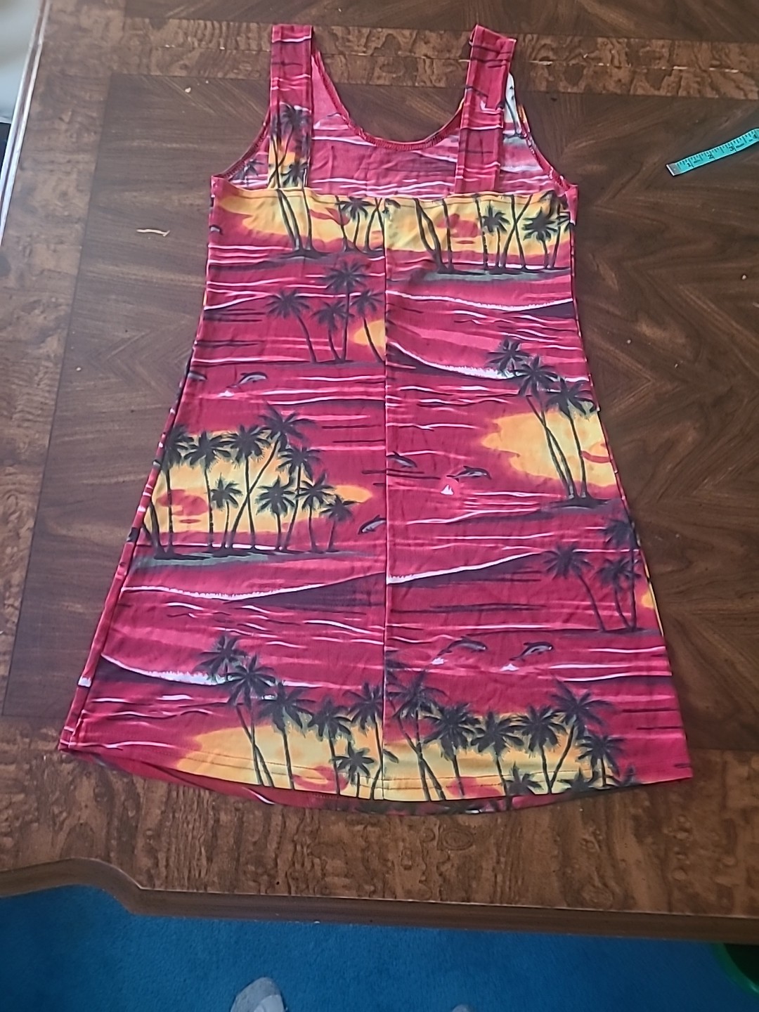 Vintage Red Hawaiian Sundress Tropical Sunset Palm Tree Print Sleeveless Size L