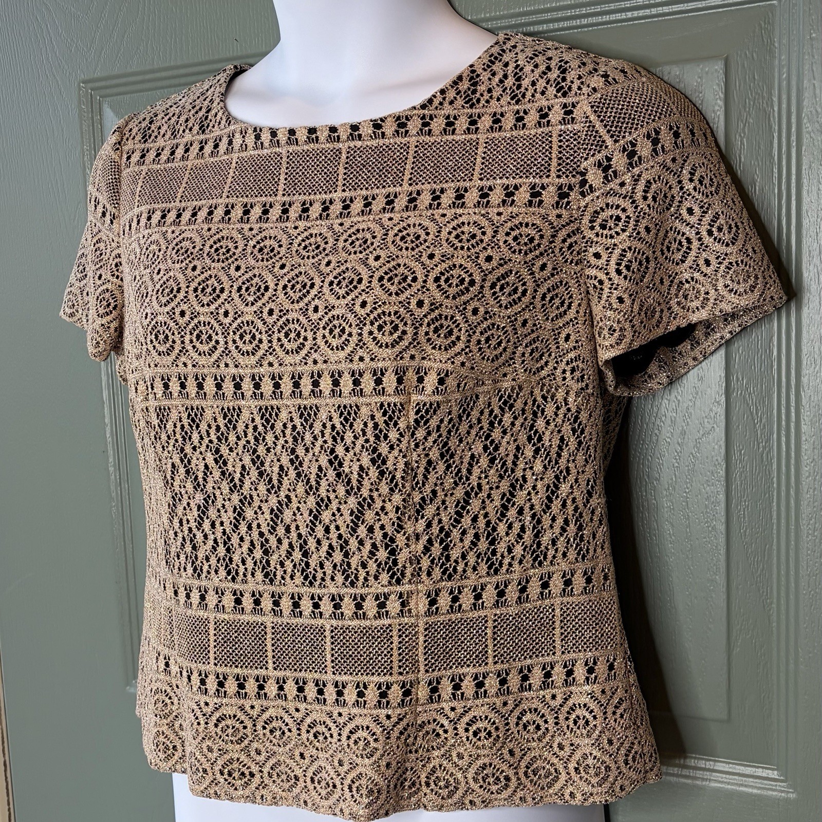 Vtg Halmode Petites Top Open Crochet Metallic Gold Lace Button Back Dressy 12