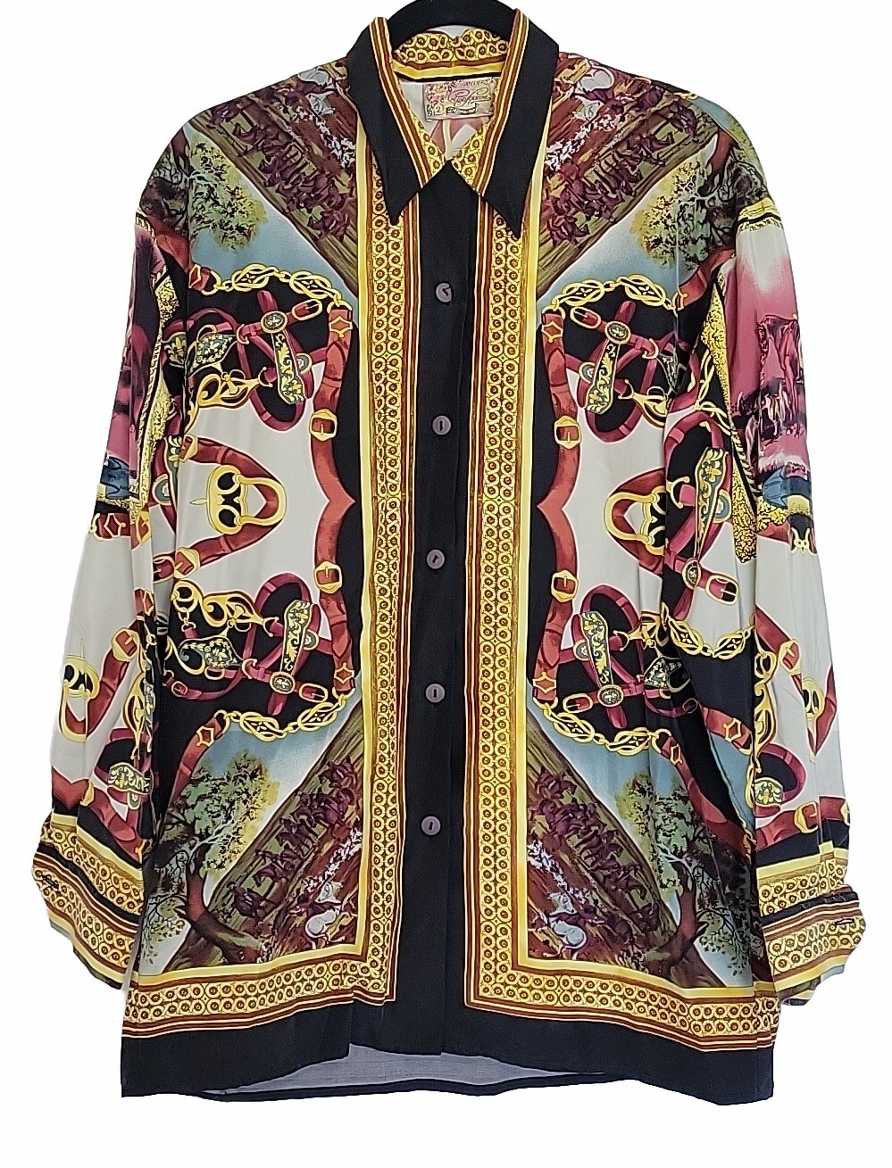 Atelier Chemise Cotton Square Depuis 1977 Vtg 80s Equestrian Print Silk Blouse L
