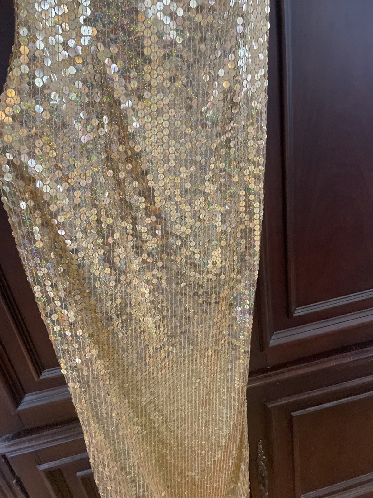Vintage Adriana Gold sequins spaghetti Strap long, Stretch cocktail dress Sz 10