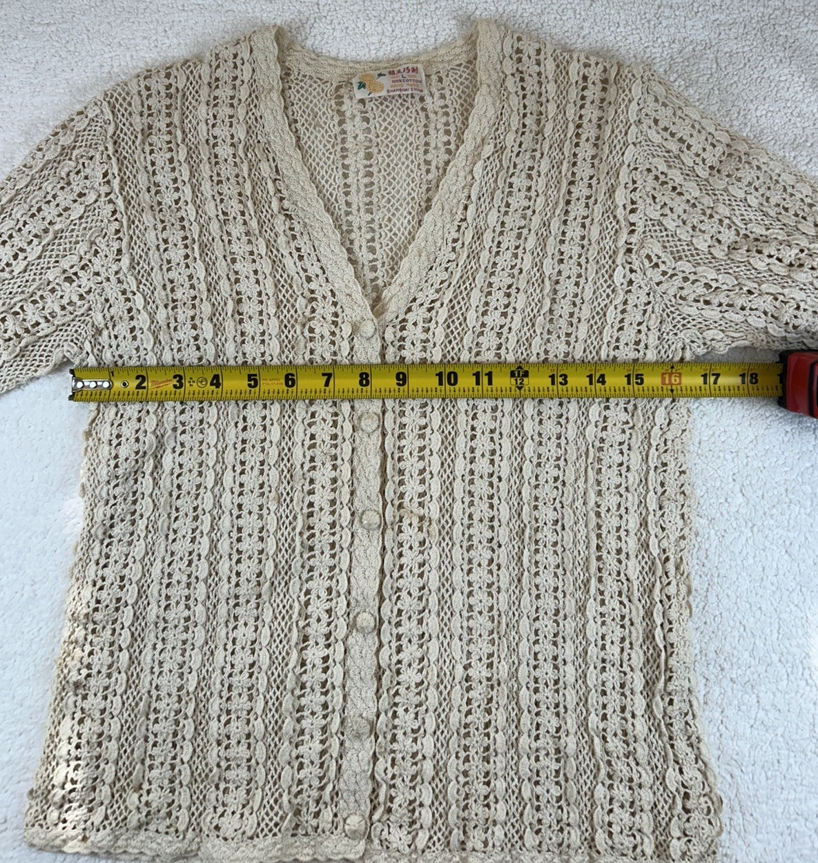 Vintage Shanghai Handmade Cotton Crocheted Cardigan Sweater Wmns LG Ecru *READ*