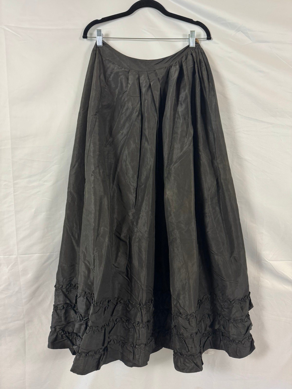 Antique Victorian Black Silk Taffeta Skirt Triple Ruffle Bustle Era Handmade