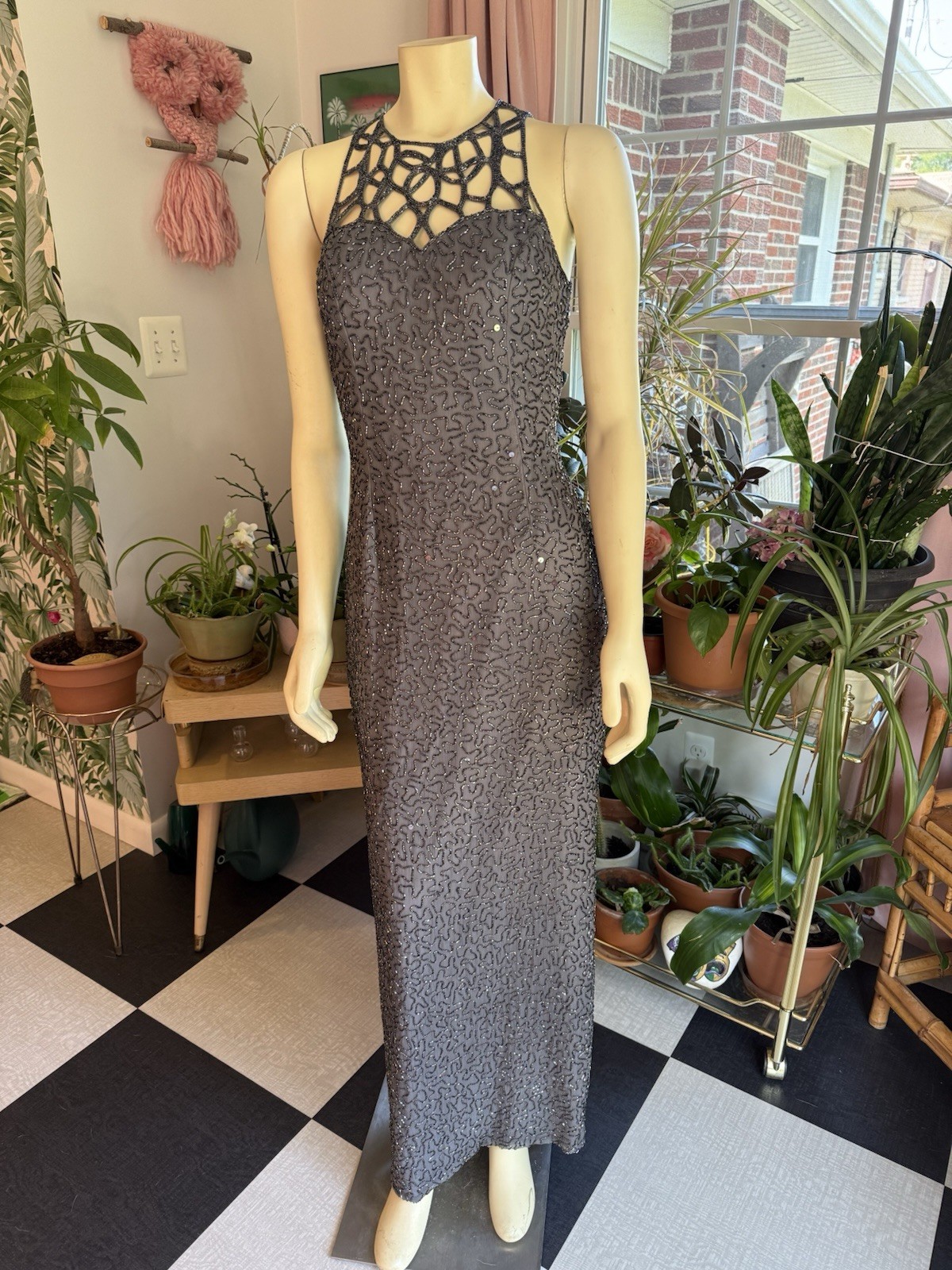 Vintage 80s 90s Scala Gunmetal Silk Beaded Gown Cage Back Sz M 57” Mardi Gras