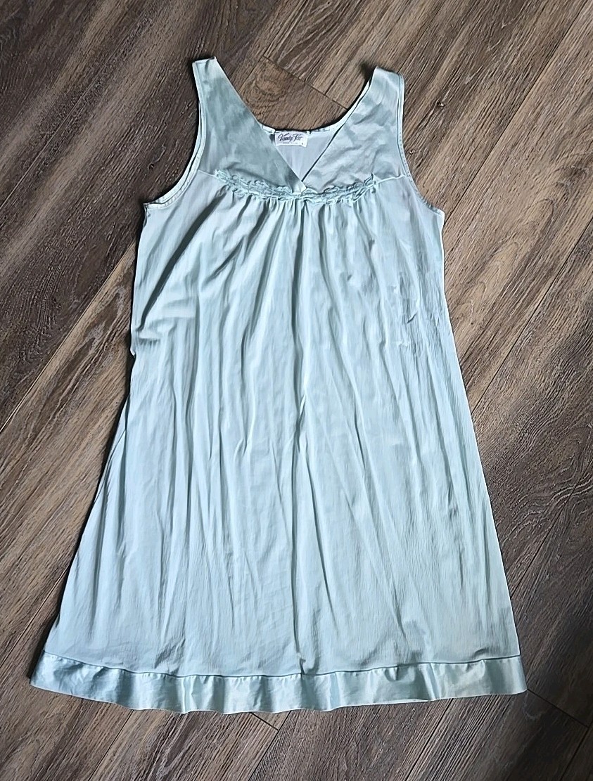 VTG Vanity Fair Nightgown Nighty Aqua Blue Satin Trim Women&rsquo;s Size S Made USA