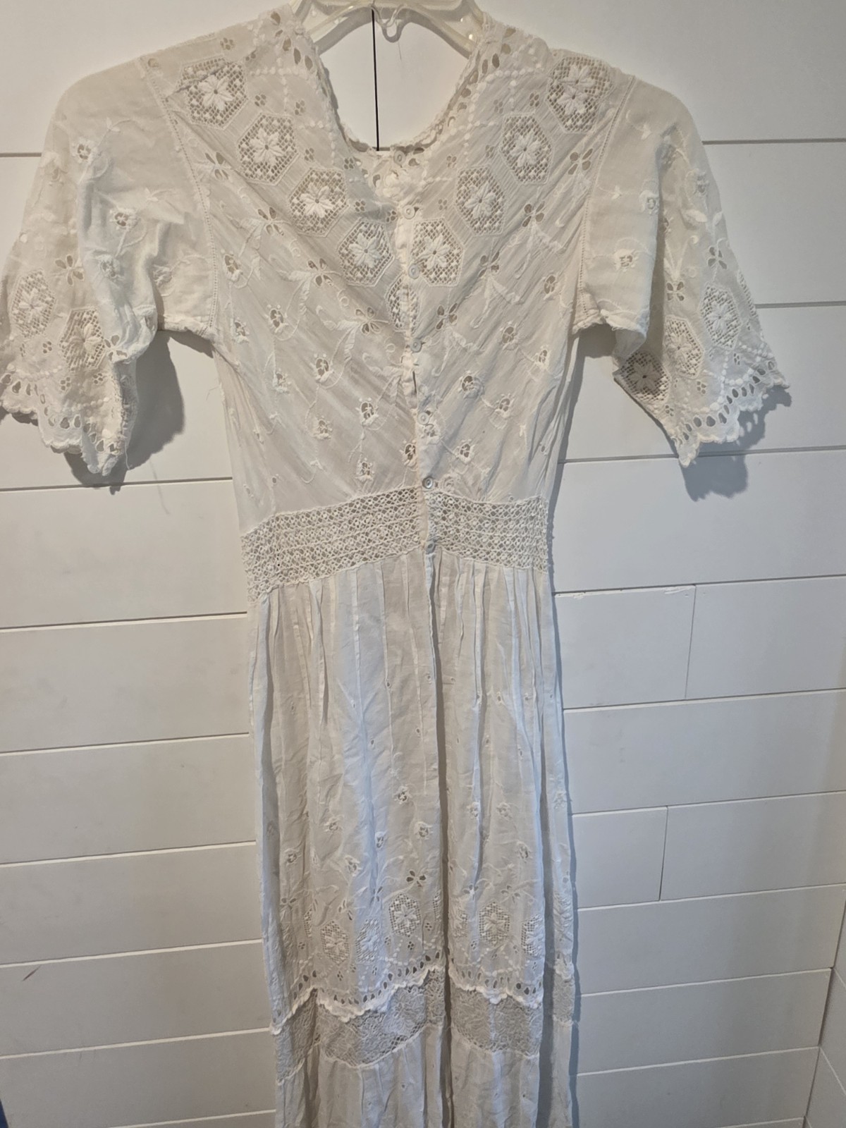 Antique Edwardian White Cotton Lawn Gown Embroidered Eyelet Lace Tea Dress XS