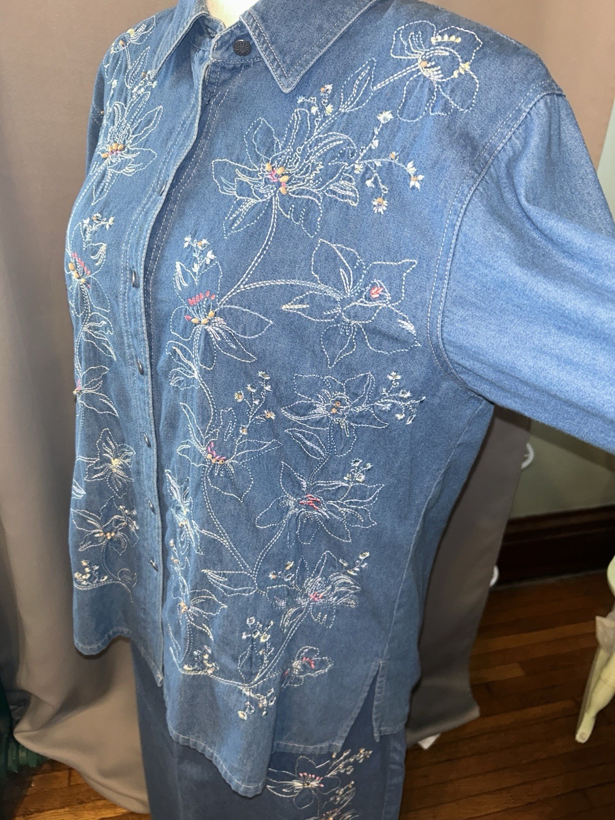 Vintage Cottagecore Embroidered Denim Two-Piece Maxi Set Women&rsquo;s