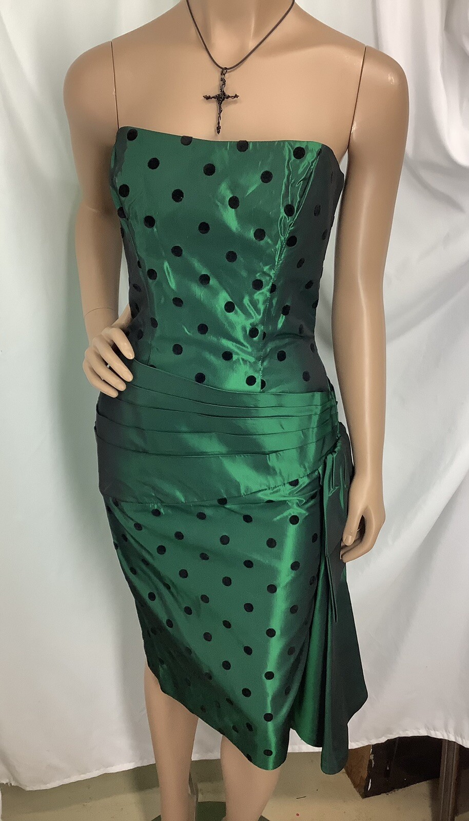 Vtg Nadine Dress Womens 5 Green Black Polka Dot Taffeta Formal New MFC250216/DB1