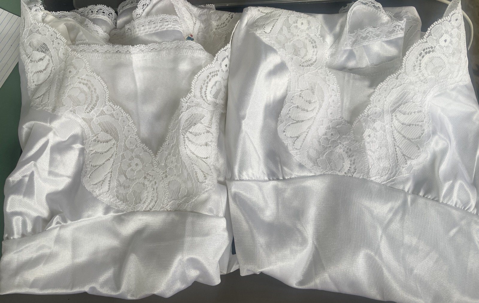 2 1970&rsquo;s White Nylon Lace front camisole size 44 Union Made 18 inches long