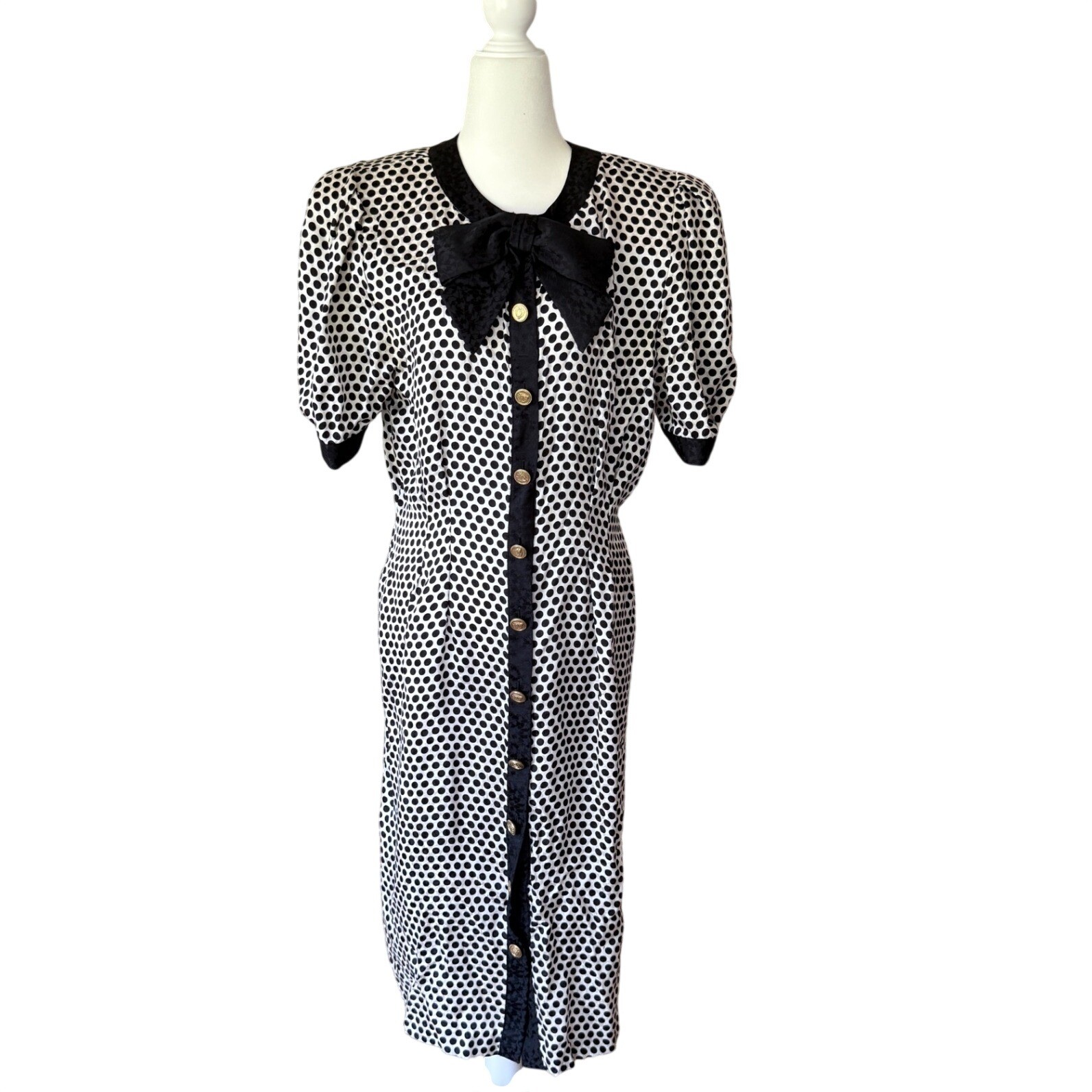 Vintage Adrianna Papell Silk Polka Dot Bow Collar Midi Dress 80s 90s