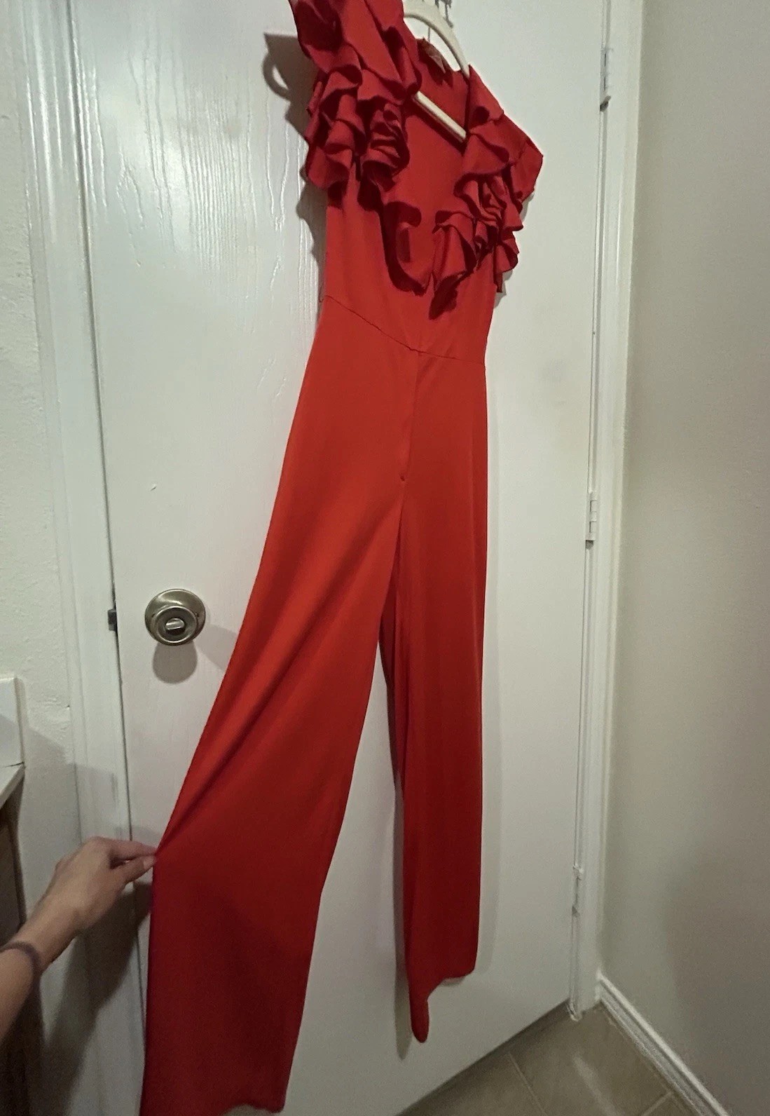 1970s Vintage Frederick’s Of Hollywood Red Jumpsuit Ruffle Collar