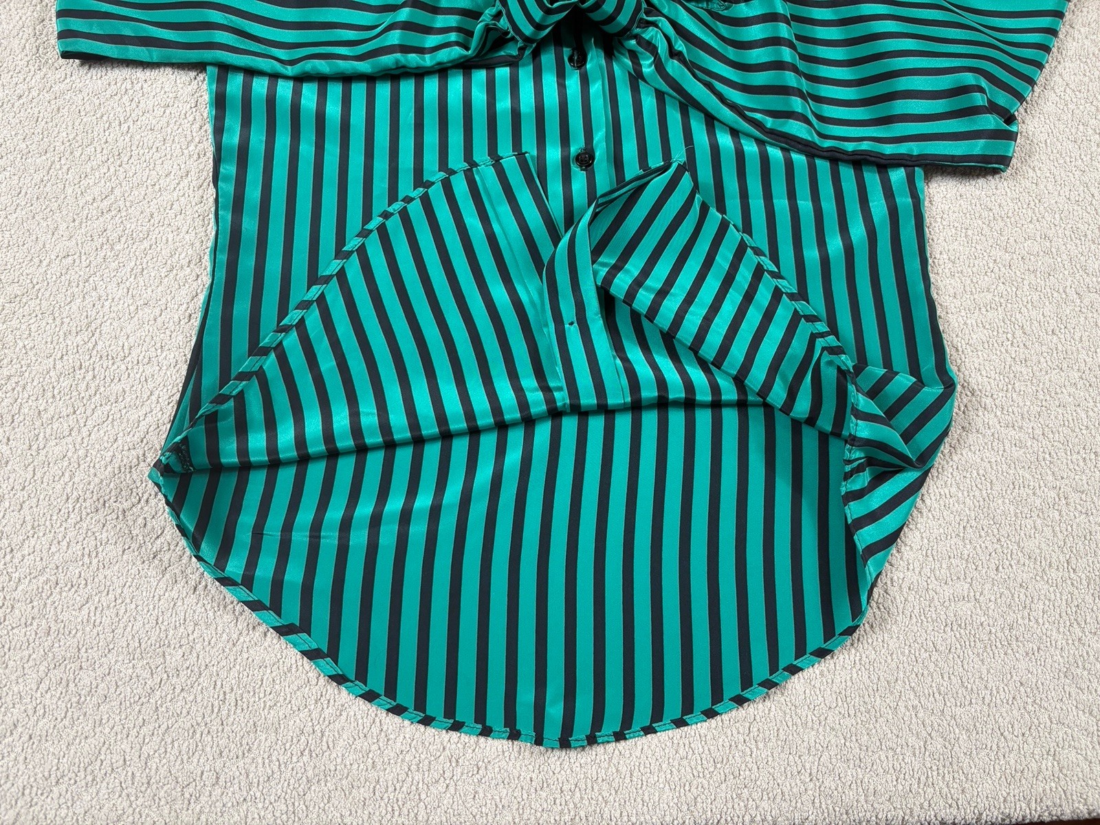 Vintage Pussy Bow Scarf Blouse Button Up Women&rsquo;s 8 Striped Green Made In USA