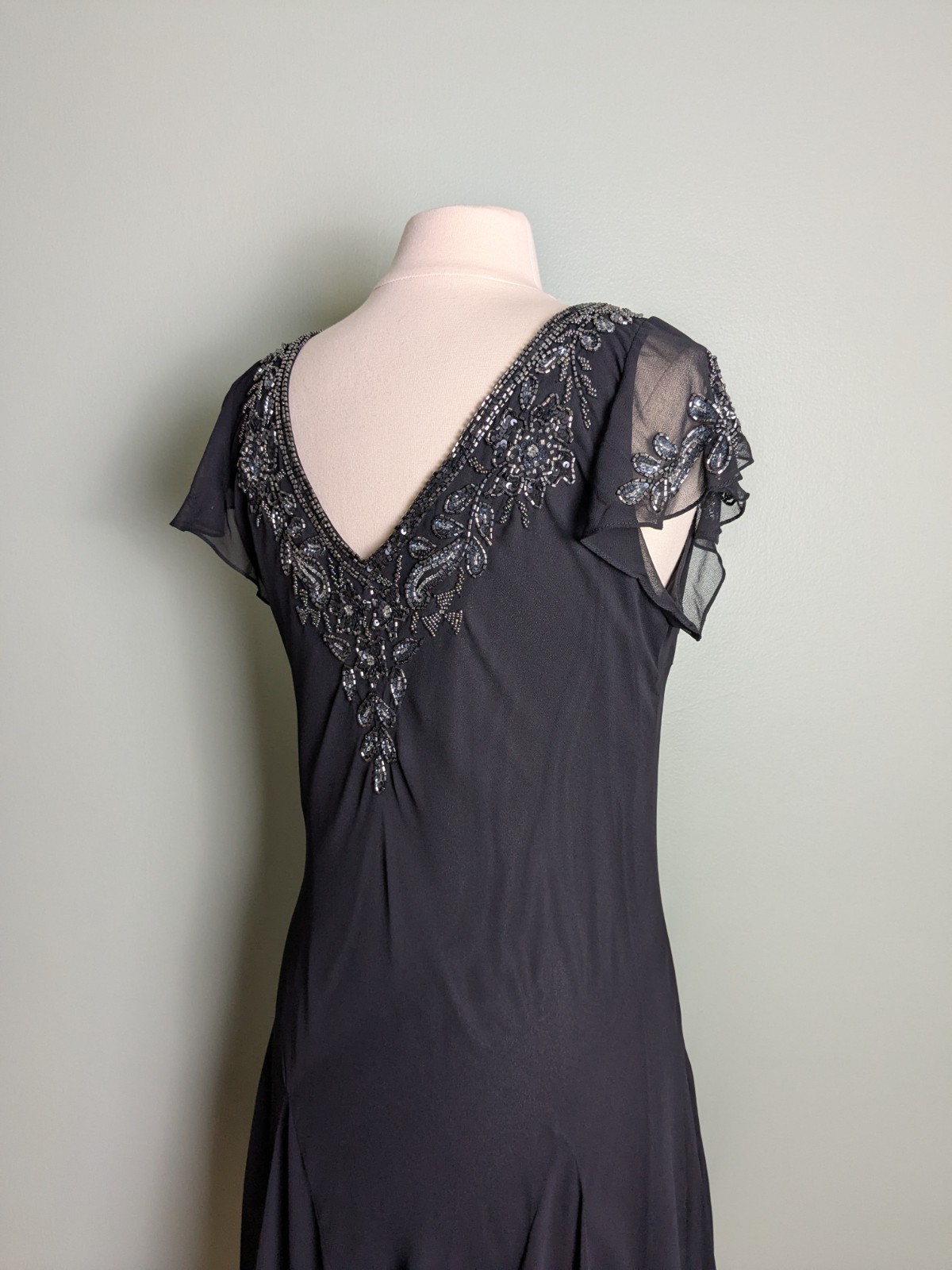 Old Hollywood Inspired Beaded Black Flowy Slip Dress