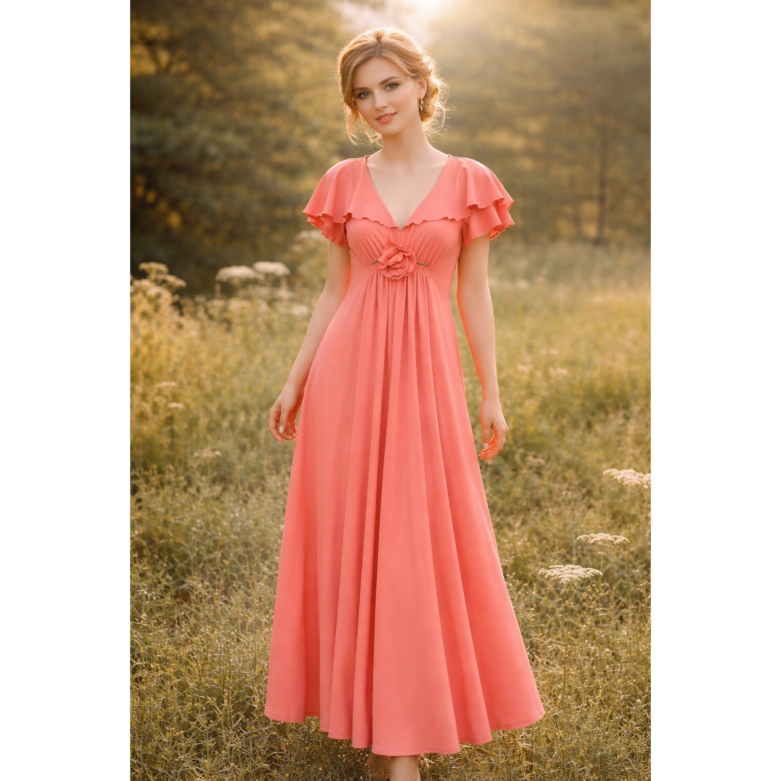 Vintage 70s Coral Orange Romantic Floral Maxi Dress Disco Regencycore Flowy Gown