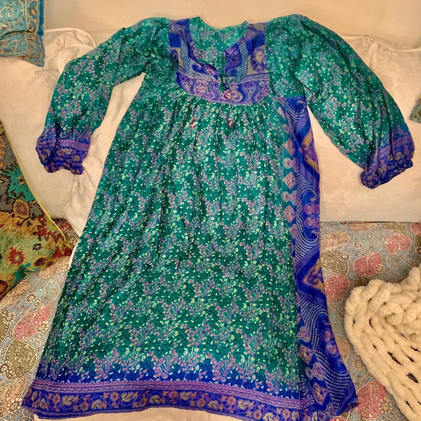 SEVENTIES 70&rsquo;s India SILK Mixed PATCHWORK Block Print HIPPIE BOHO Gypsy Dress