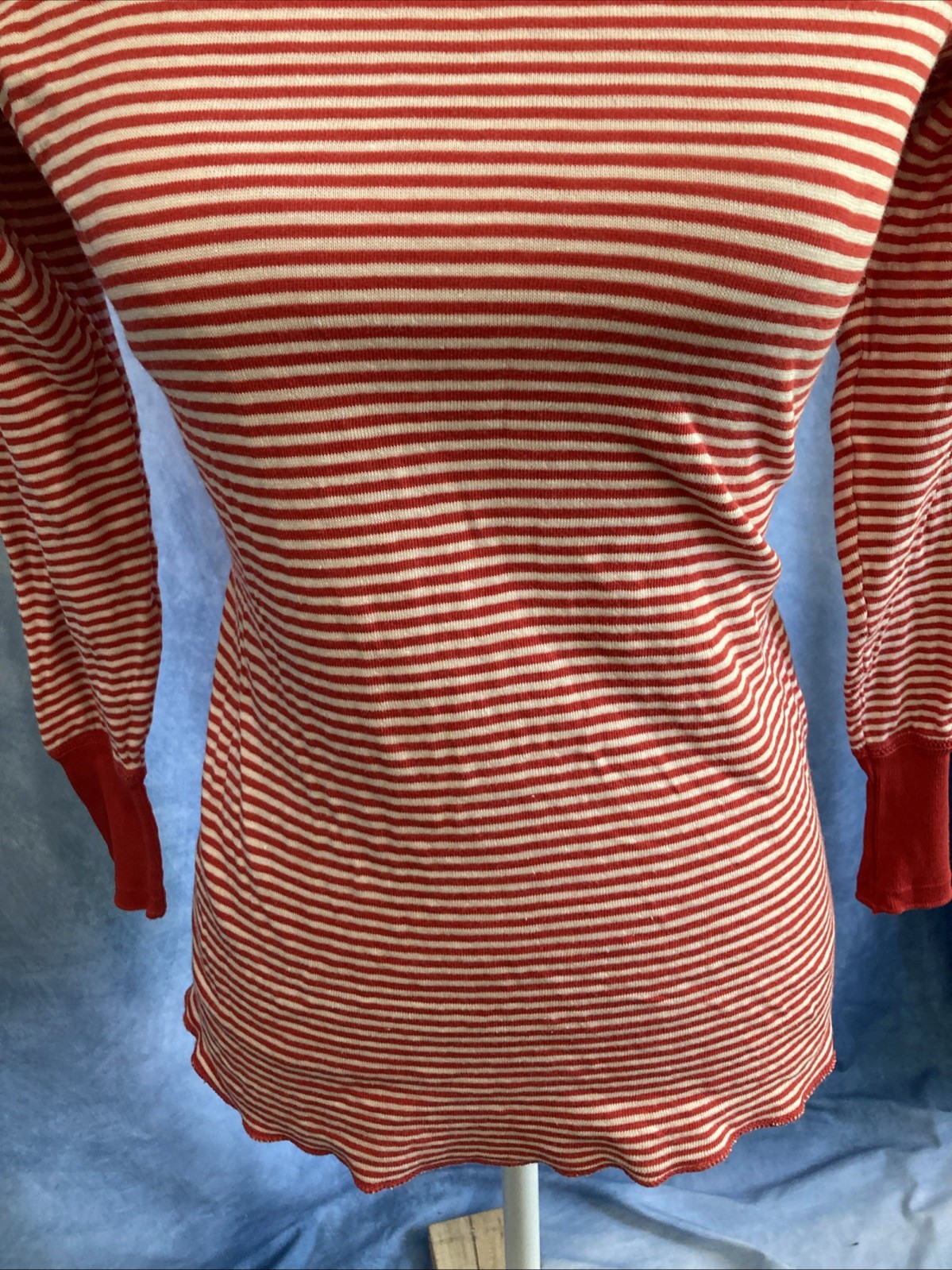Vtg 60s Duofold Striped Base Layer Thermal Top Red Crewneck Wool Blend Womens XS
