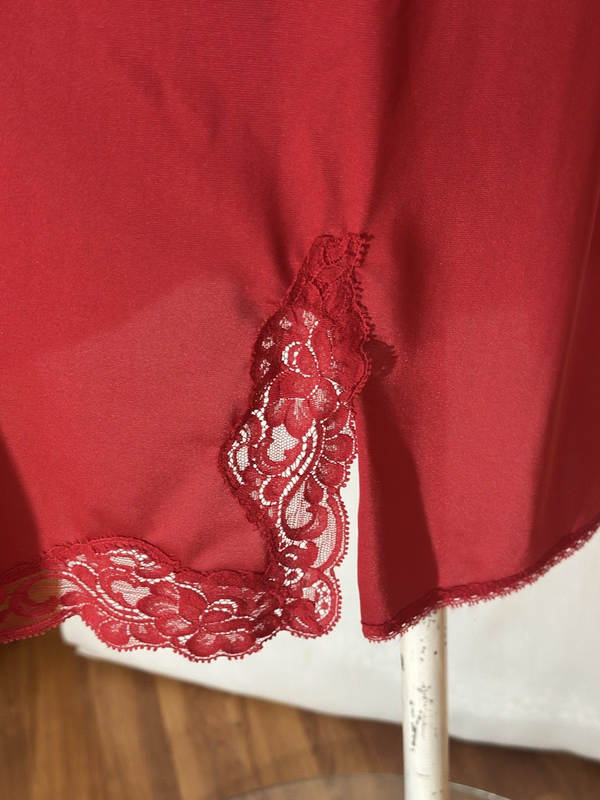 Vintage Shadowline Red Full Slip Size 38S USA Nylon Lace Adjustable Straps